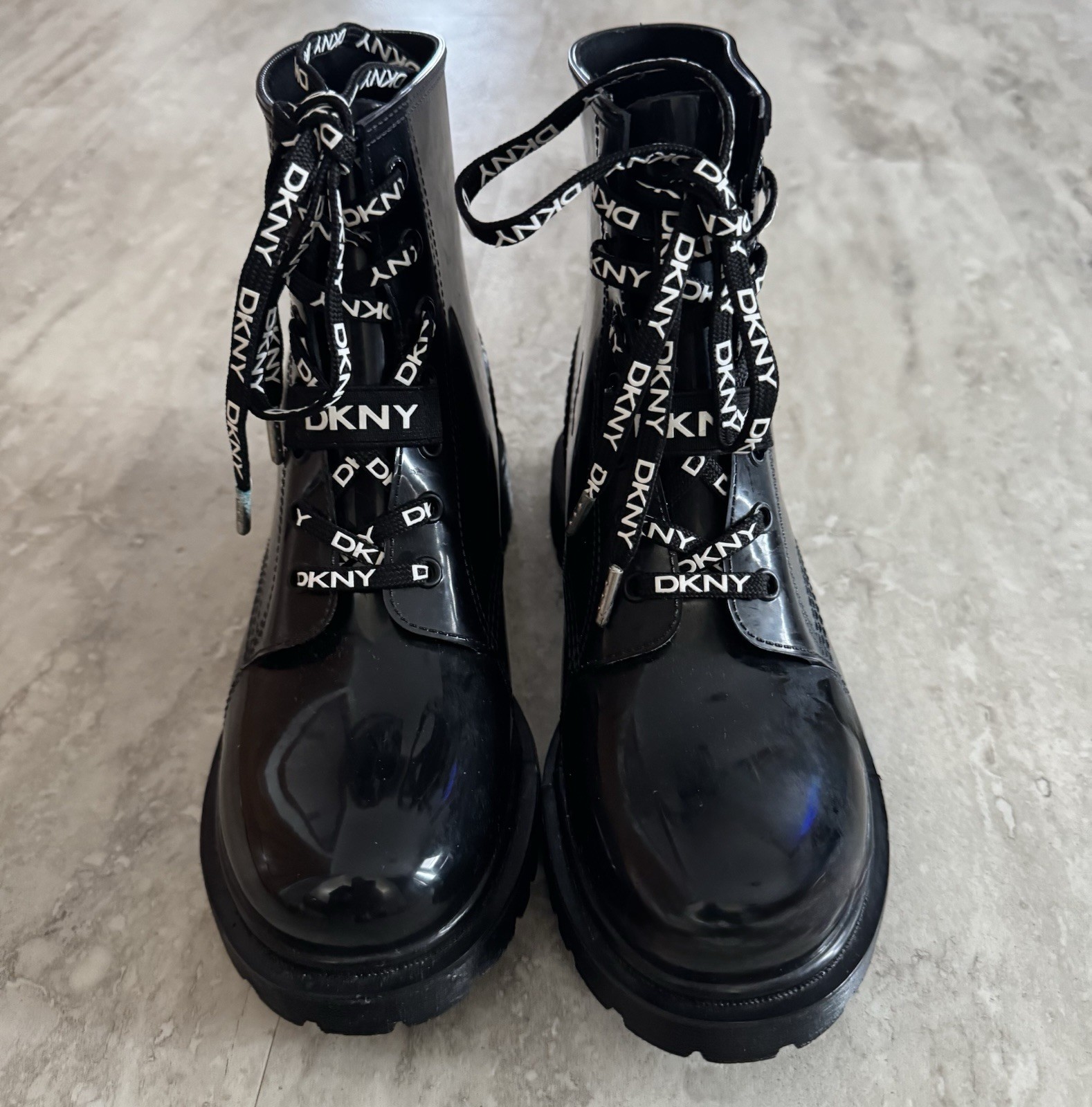 DKNY Black Combat Boots Women Logo Lace-Up Chunky Sole Ankle Boots.Winter/spring