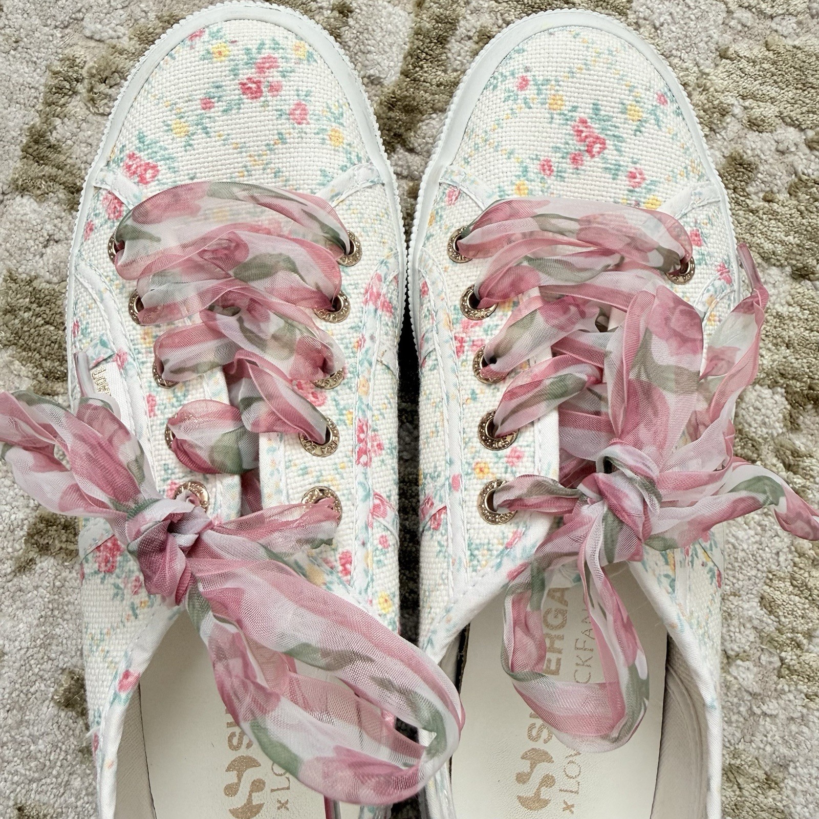 Superga x LoveShackFancy Floral Ribbon Sneakers Size 37 White Pink