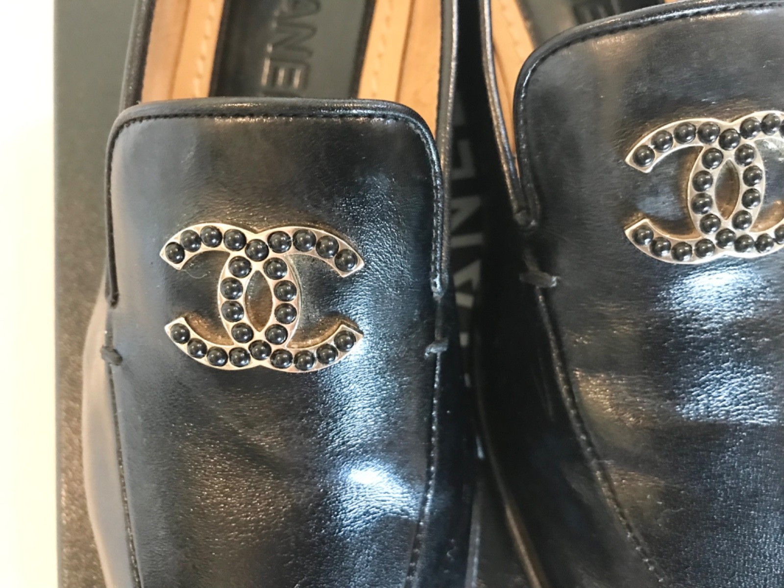 Chanel Black calfskin leather loafer moccasin 37 box and shoe bags