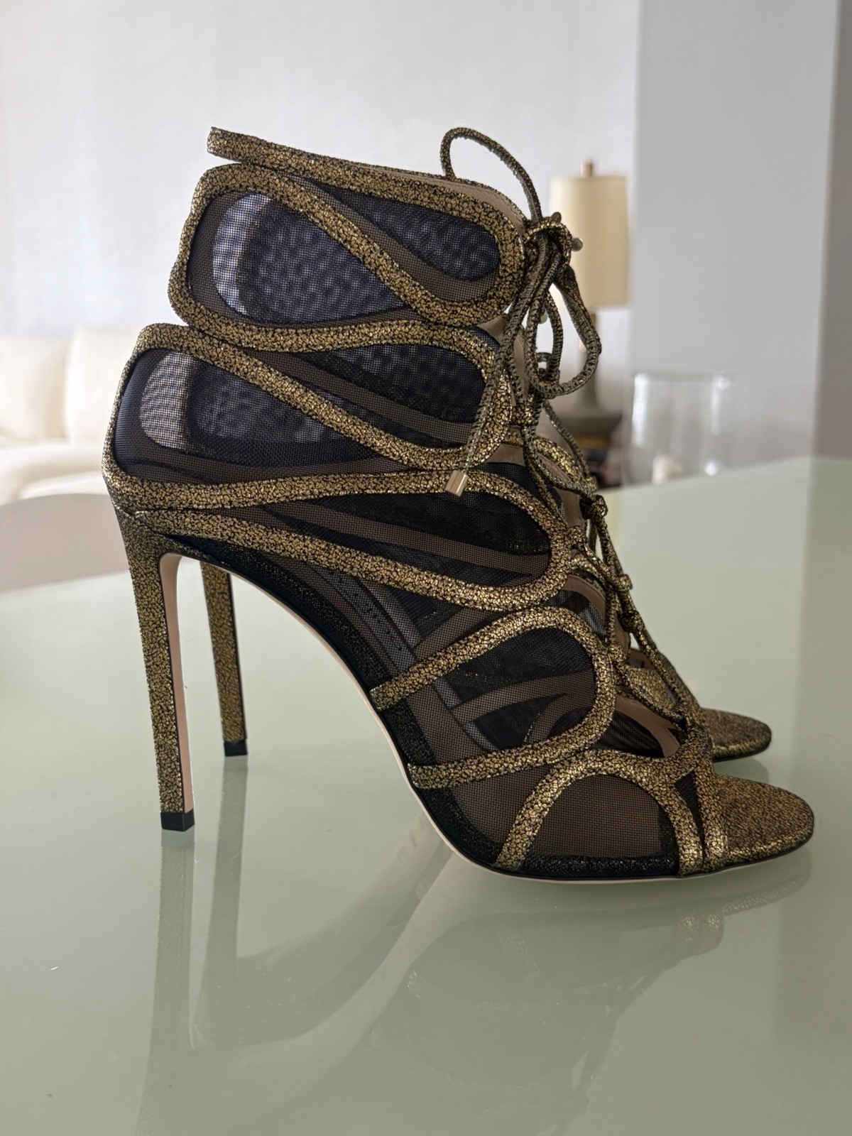Jimmy Choo Women’s Light Bronze Lame Glitter Strappy Lace-Up Open Toe Stiletto 8