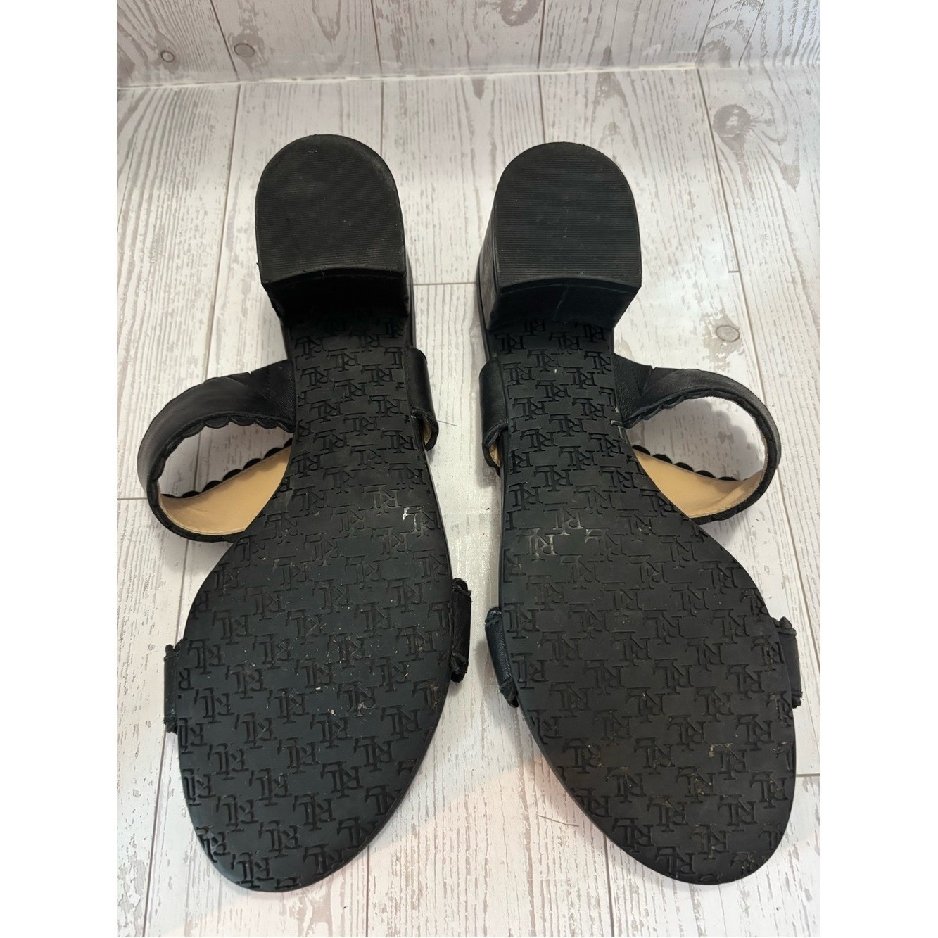 Ralph Lauren Black Scalloped Two-Band Block Heel Mules Size 6.5 Quiet Luxury