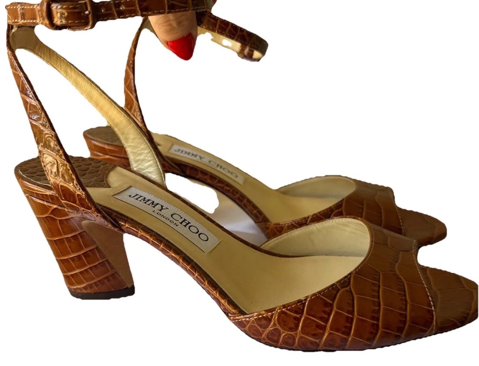 Jimmy Choo Miranda Sandals Size 8 Leather Crocodile Embossed 2.5 In New Brown