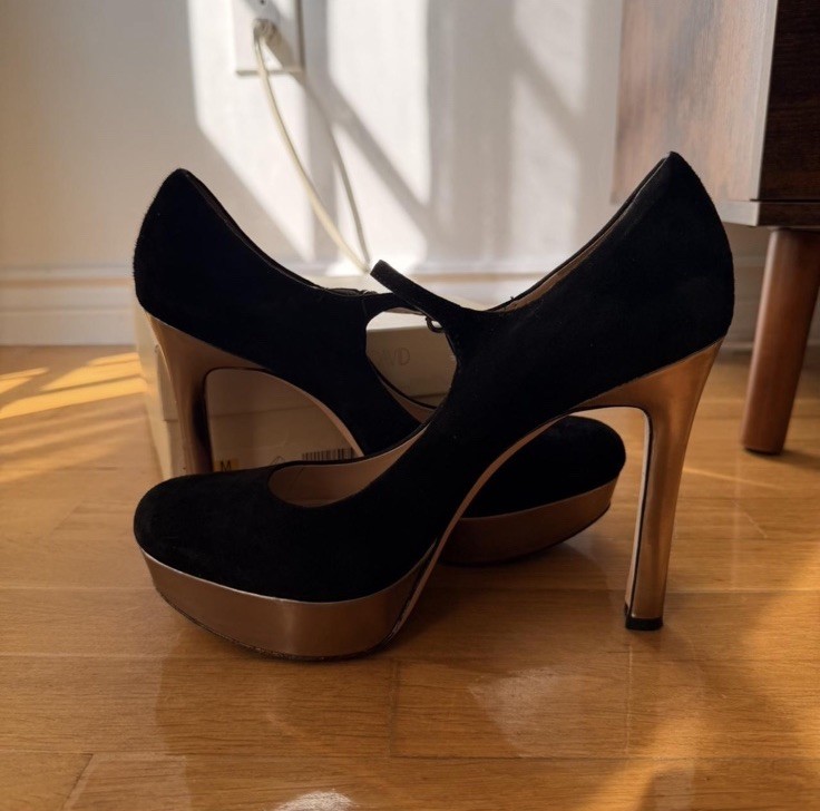L.K. Bennett Black / Chrome Suede Platform Pumps Ankle Strap Mary Jane US 11 M