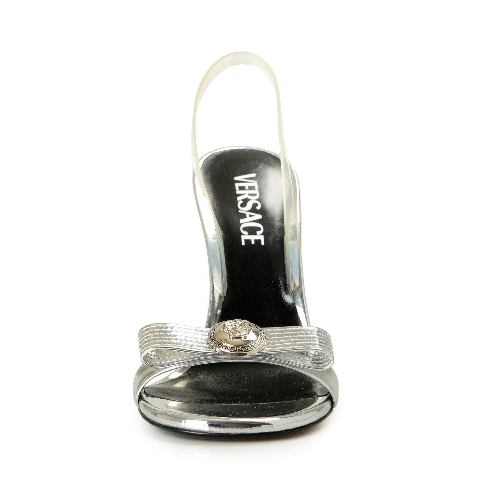 Versace Women’s Leather Silver Color Medusa Heeled Sandals Shoes US 6 IT 36