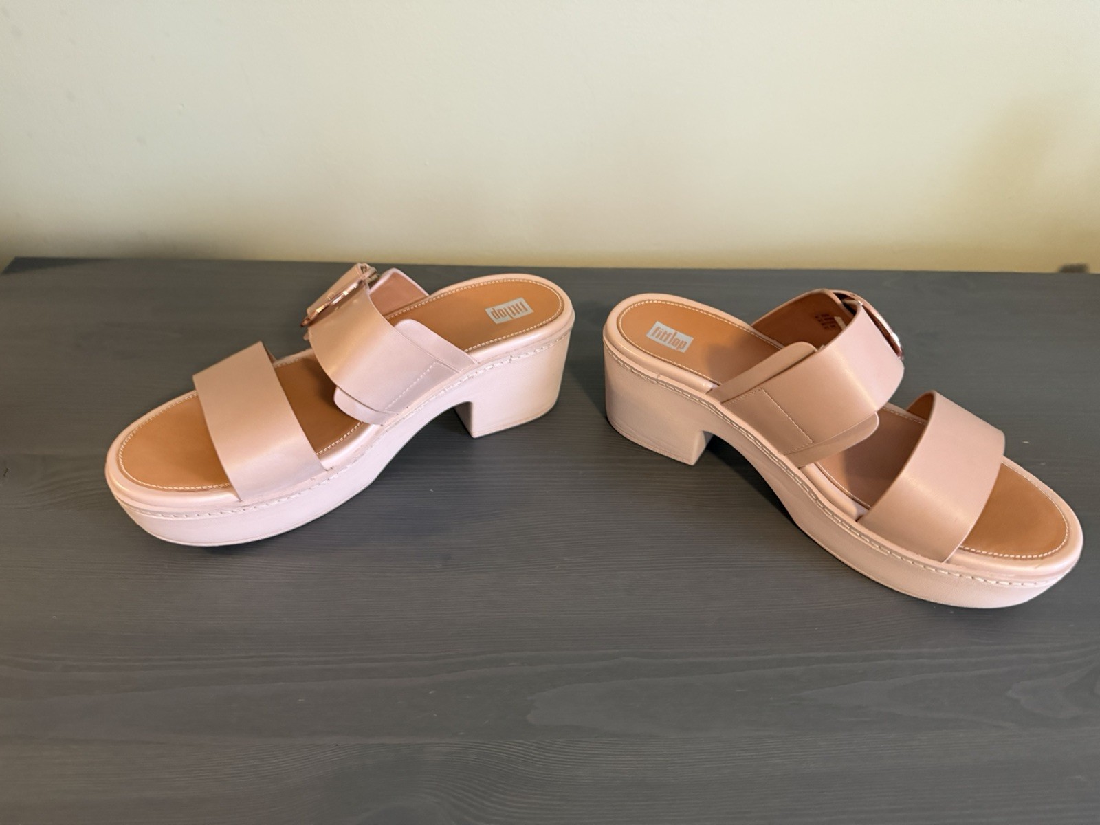 FitFlop Pilar Tan Leather Platform Sandals Double Strap Buckle Heeled: 10