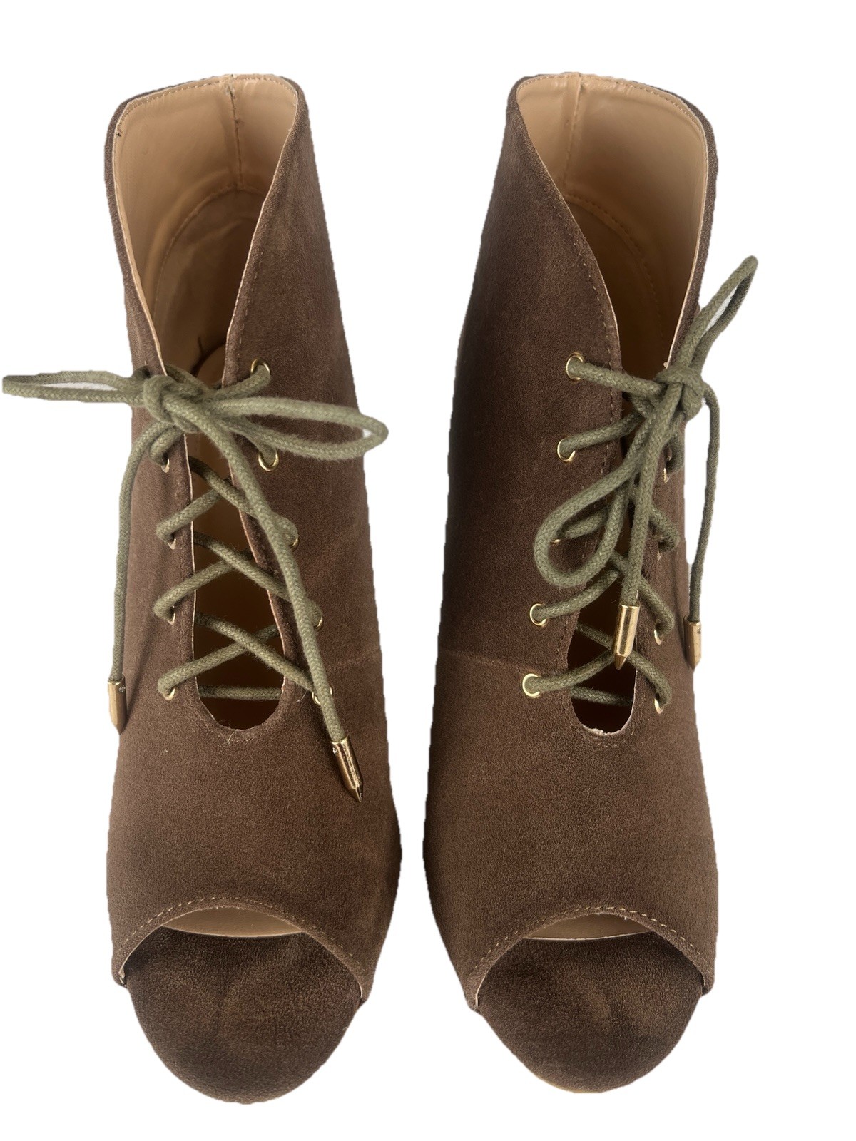 M & L Women’s Peep Toe Lace Up Ankle Booties Brown Faux Suede 9M