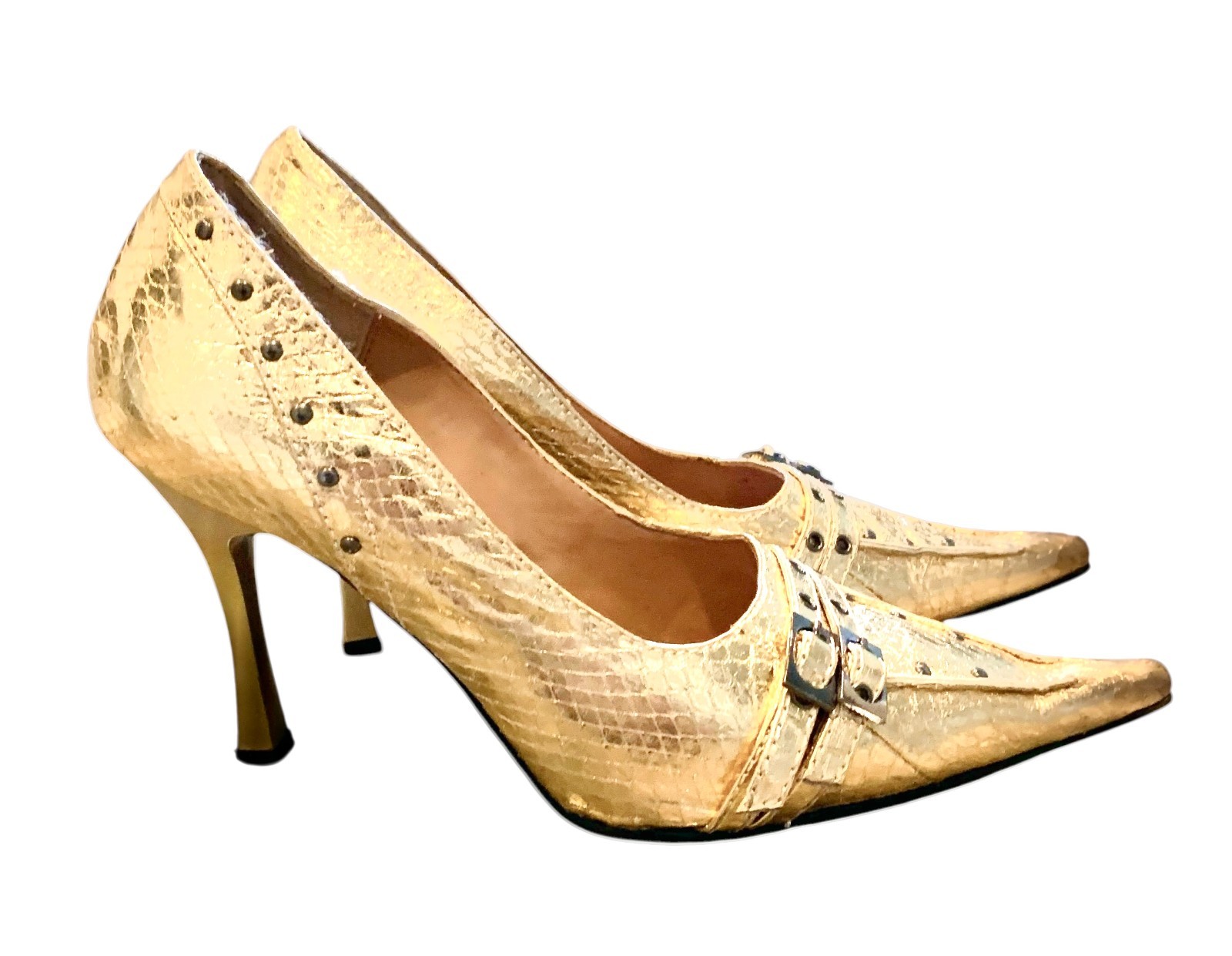 {N.Y.L.A} Heels/Shoes/Pumps/Pointed Toe Gold Pattern Buckles Studs 3.75 in ~7-M