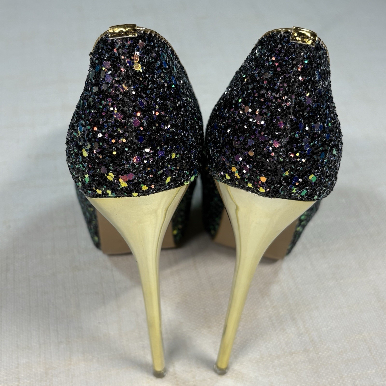 Black Glitter Platform Stiletto Heels Size 40 Gold High Heel Party Pumps