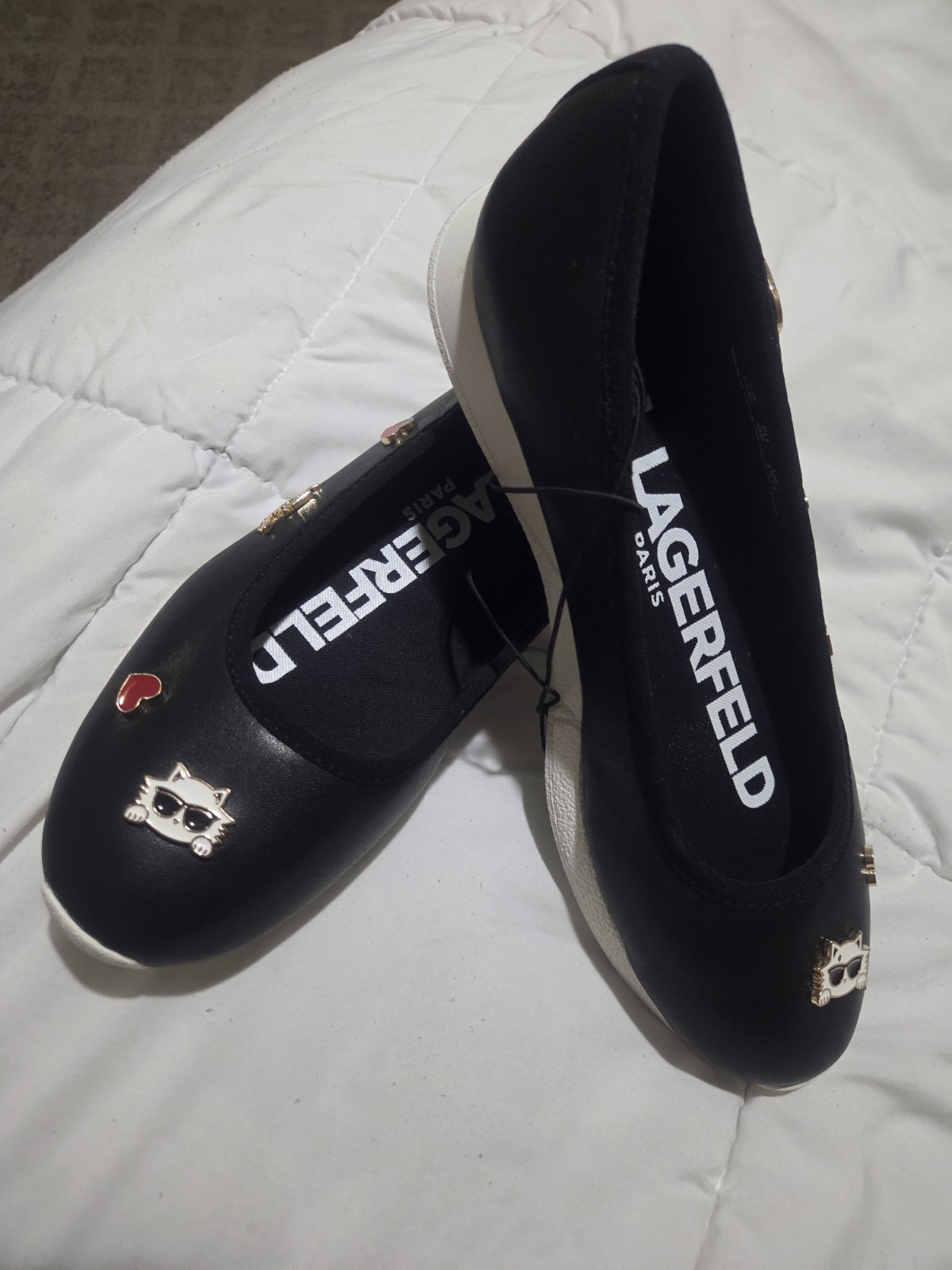 Karl Lagerfeld Paris Women’s Black Canvas Slip-On Ballet Flats 7.5 M Logo Heart