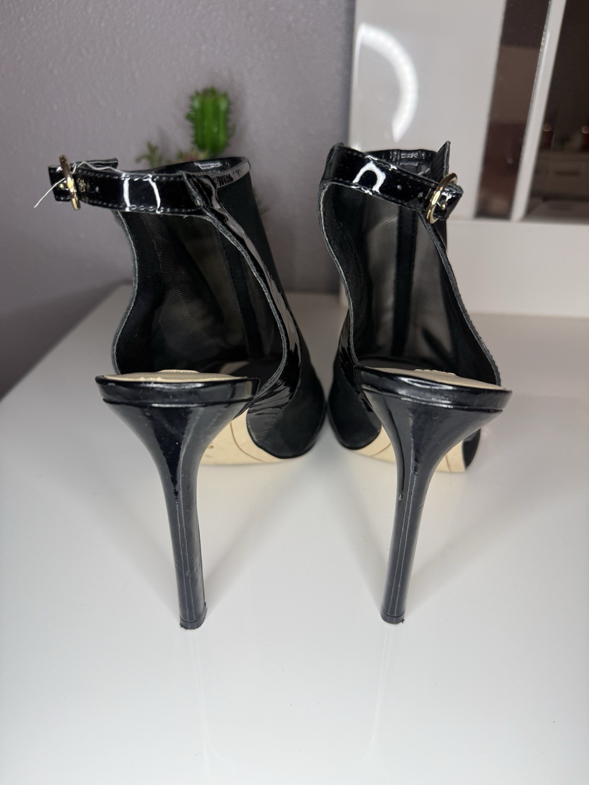 Karl Lagerfeld Black Mesh Peep-Toe Heels Women’s Size 7.5 Preowned Very Good