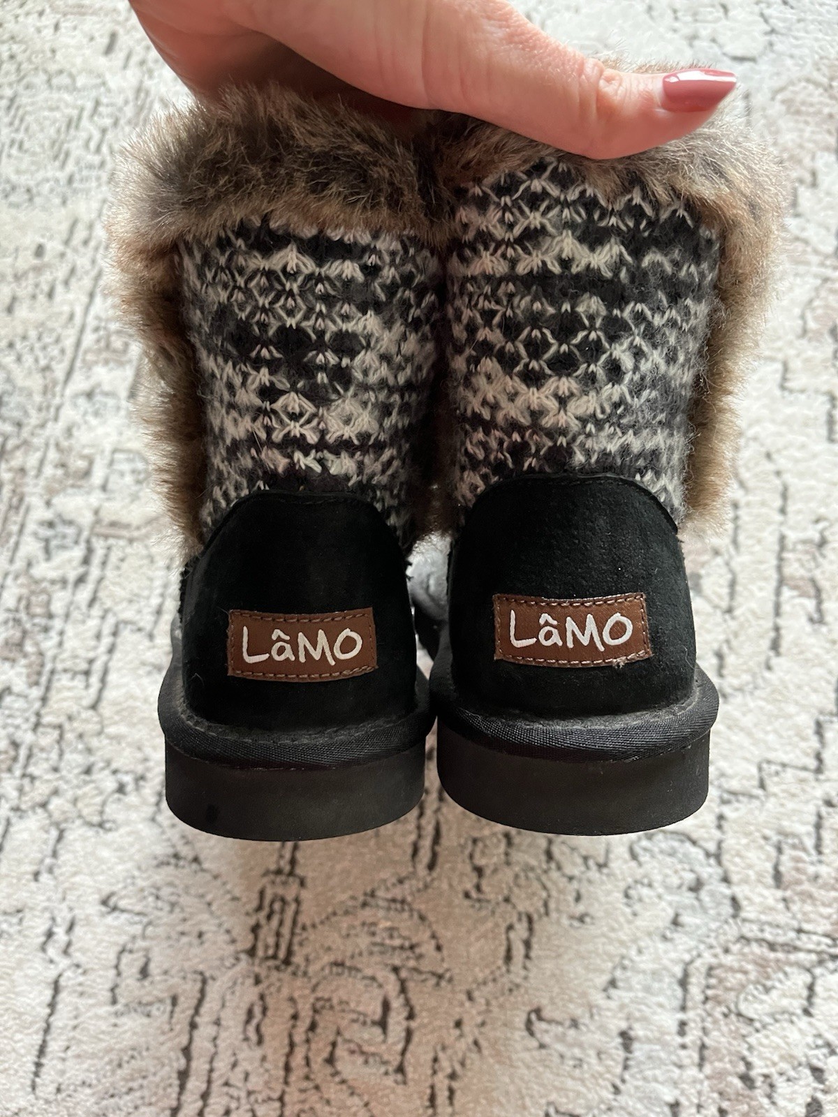 Lamo Yuma Suede & Textile Pull On Faux Fur Lined Winter Boots Black & White – 7