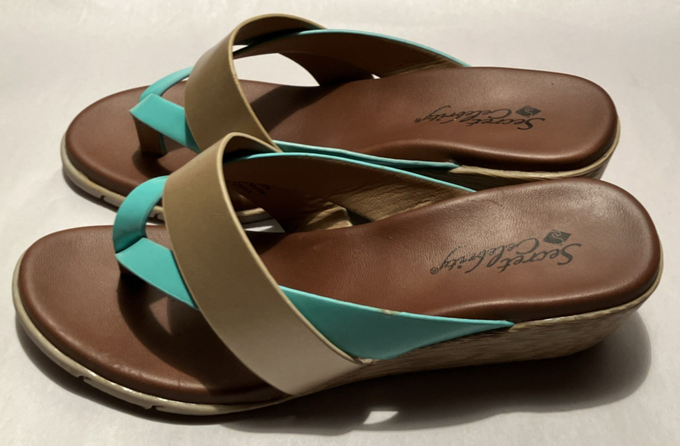 New Secret Celebrity Eclipse Women 8M Turquoise/Gold Strap 2″ Wedge Heel Sandals