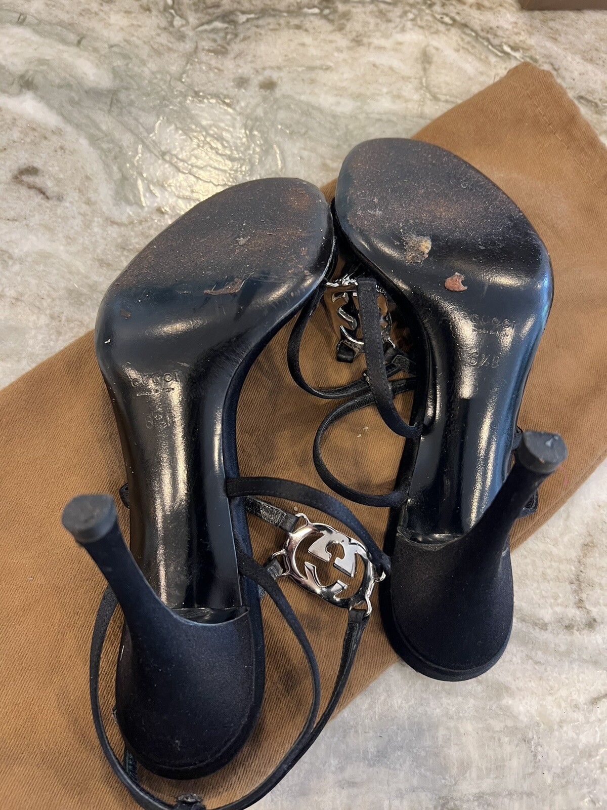Authentic Gucci Sandals, Crystal GG logo, Black Satin, Size 36.5, Gorgeous!