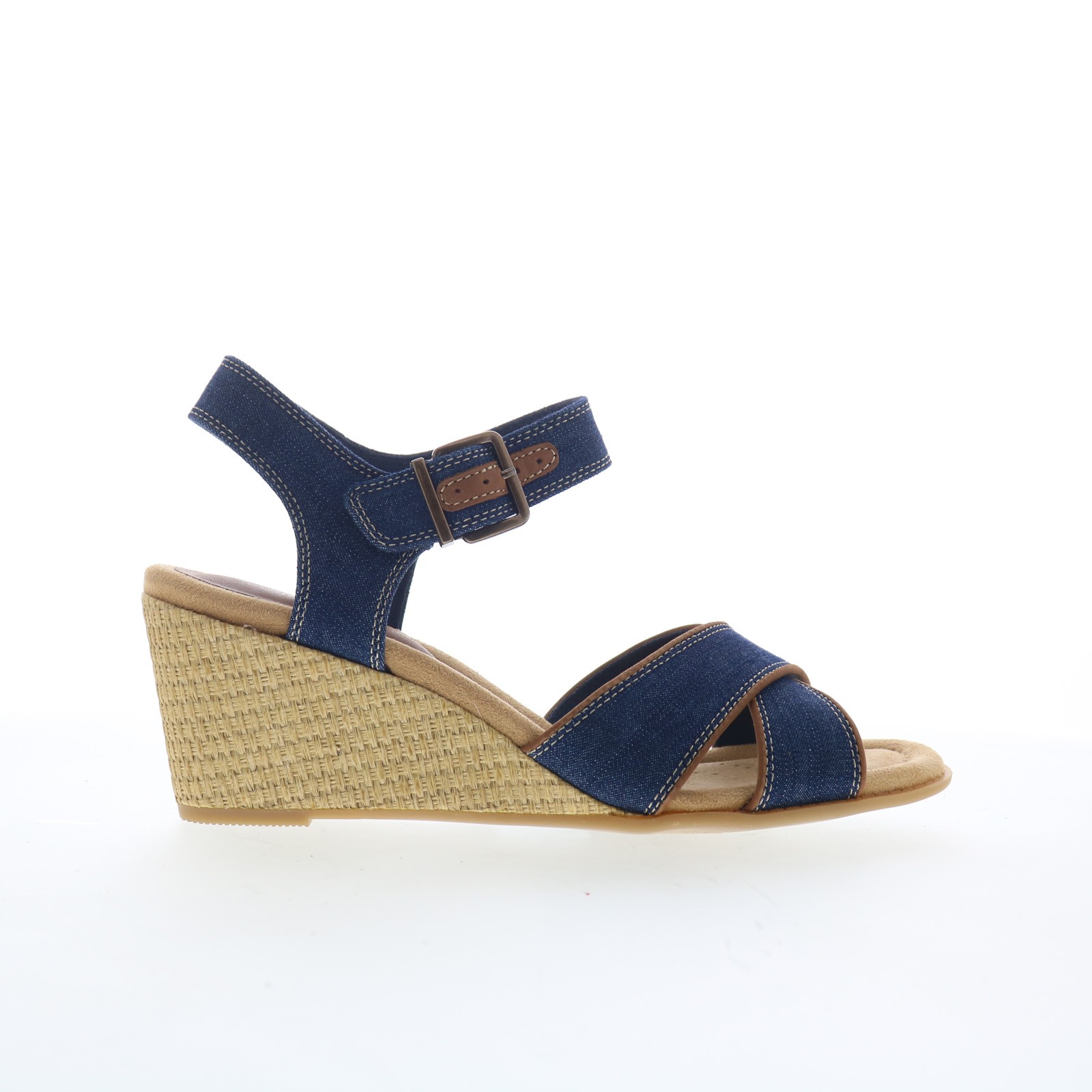 Clarks Emmalae Iris 26181666 Womens Blue Wide Canvas Wedges Sandals Shoes
