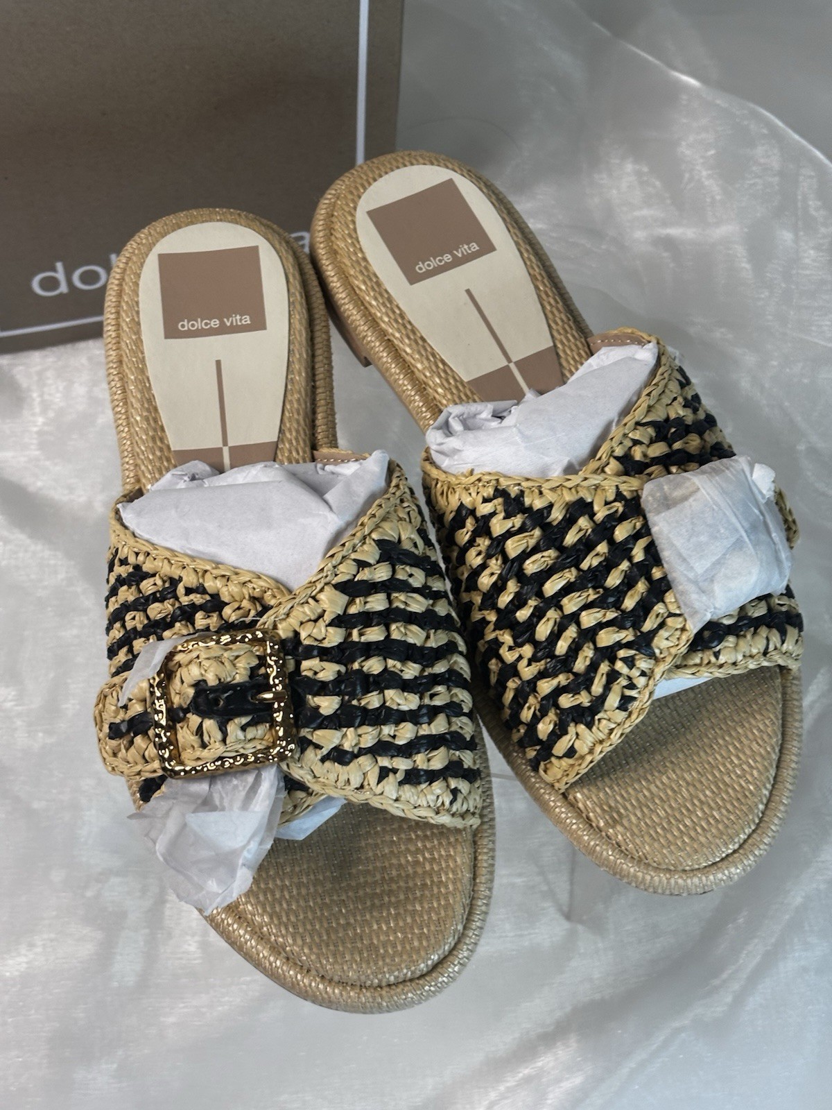 Dolce Vita Women’s Alonzo Slip on Slide Sandal Black/Natural Raffia