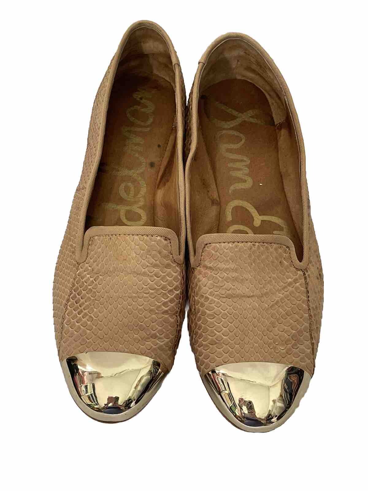 Sam Edelman Flats 7 M Gold Metallic Cap Toe Snakeskin Pattern Slip On