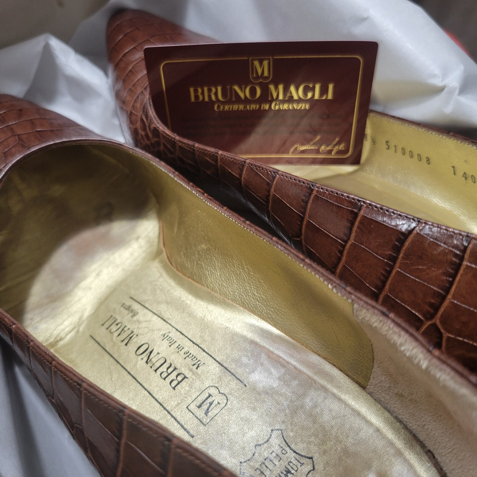 Vintage Bruno Magli Women Pumps Brown Embossed Reptile Print 2.5 In Heel Sz 8.5B