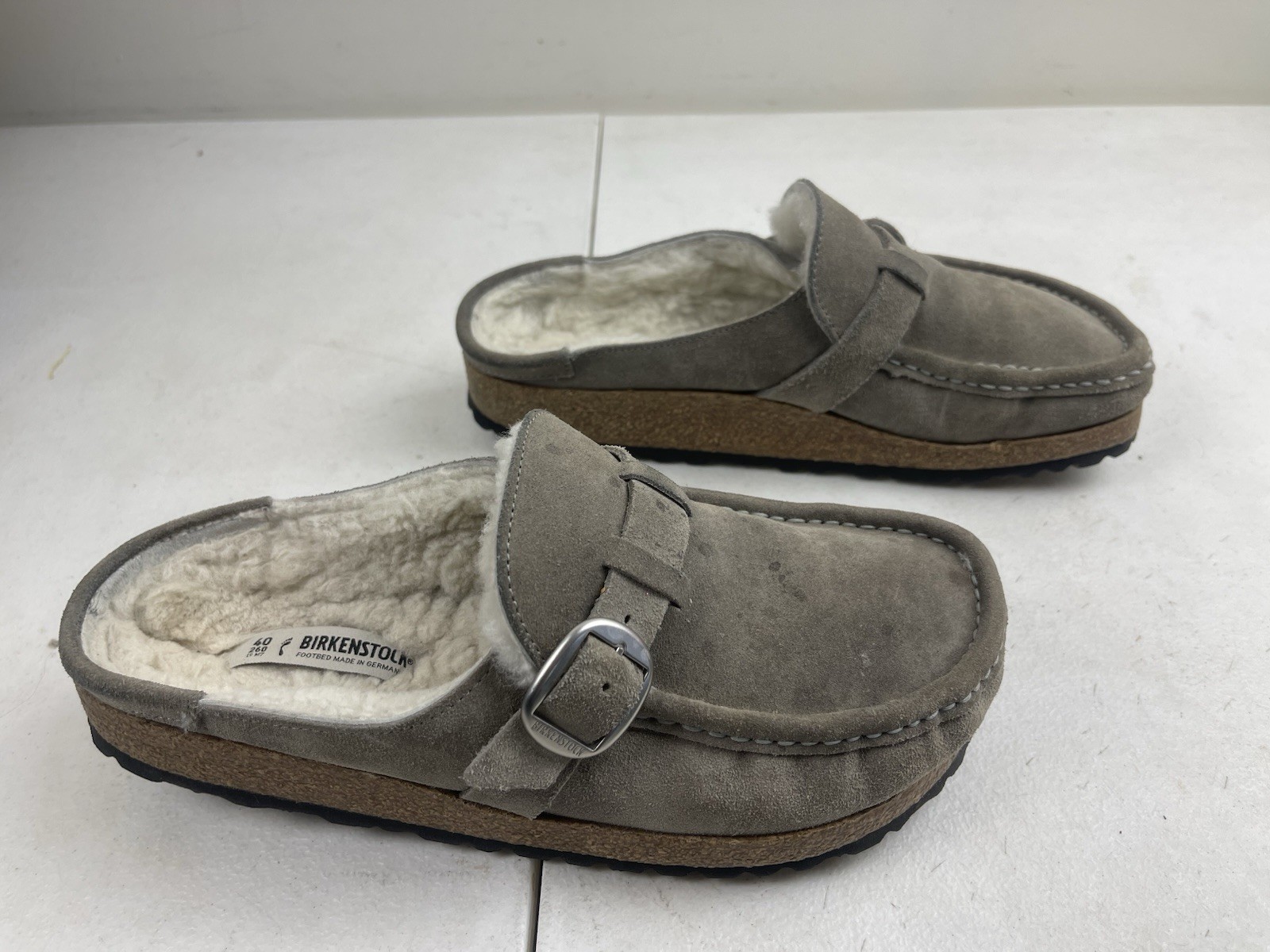 Women’s Size L9 40 Narrow Birkenstock Buckley Gray Taupe Suede Leather Clogs