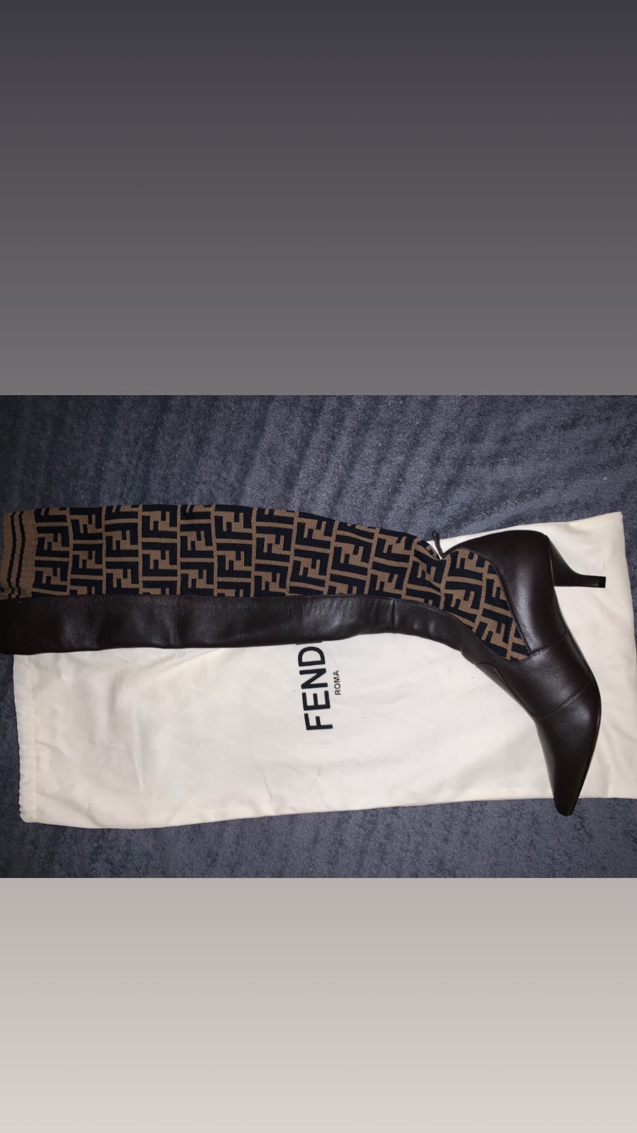 Fendi Rockoko Brown FF Logo Stretch Knit Sock Thigh High Heel Pump Boot 38 US 8