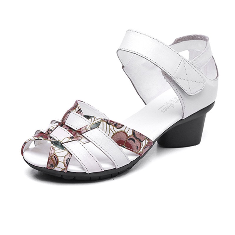 Women Closed Toe Ankle Strap Low Block Heel Red Floral Leather Sandals Shoes