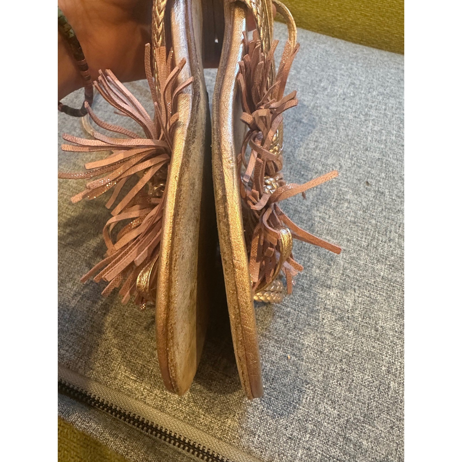 Stuart Weitzman Rose Gold Metallic Leather Tassel Braided Sandals Women 6B