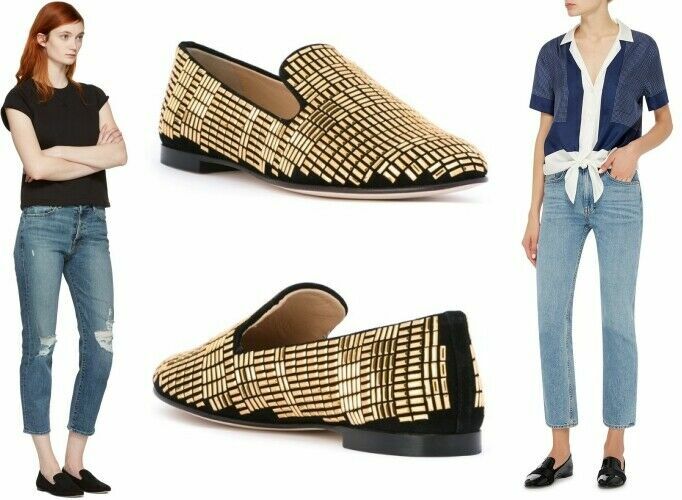 Giuseppe Zanotti Dalila Gold Studded Suede Smoking Flats Loafer US 6/ IT 36 $995