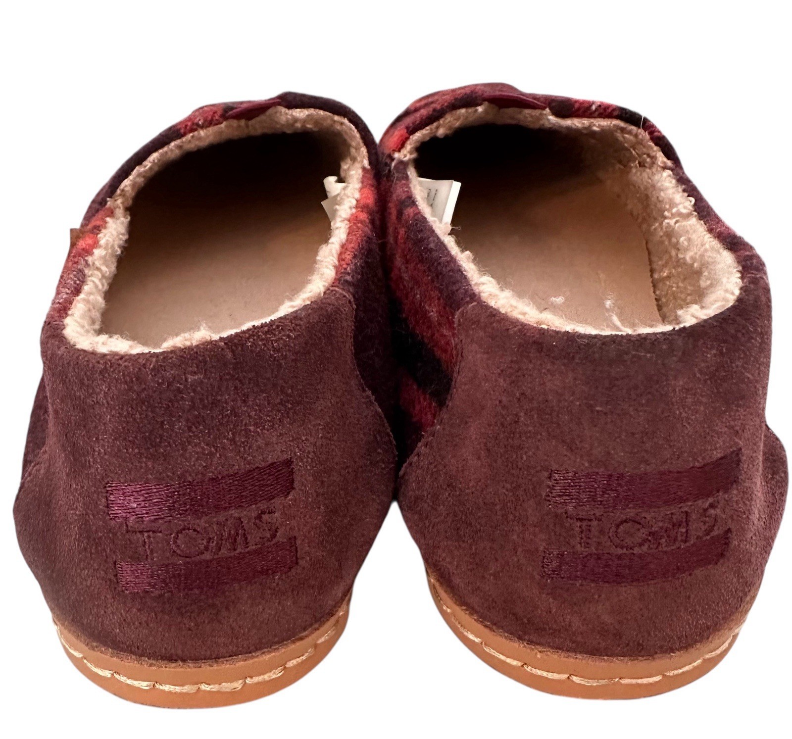 Toms Womens Alpargata Red Black Plaid Flannel Faux Shearling Slip Ons NWOT Sz 8