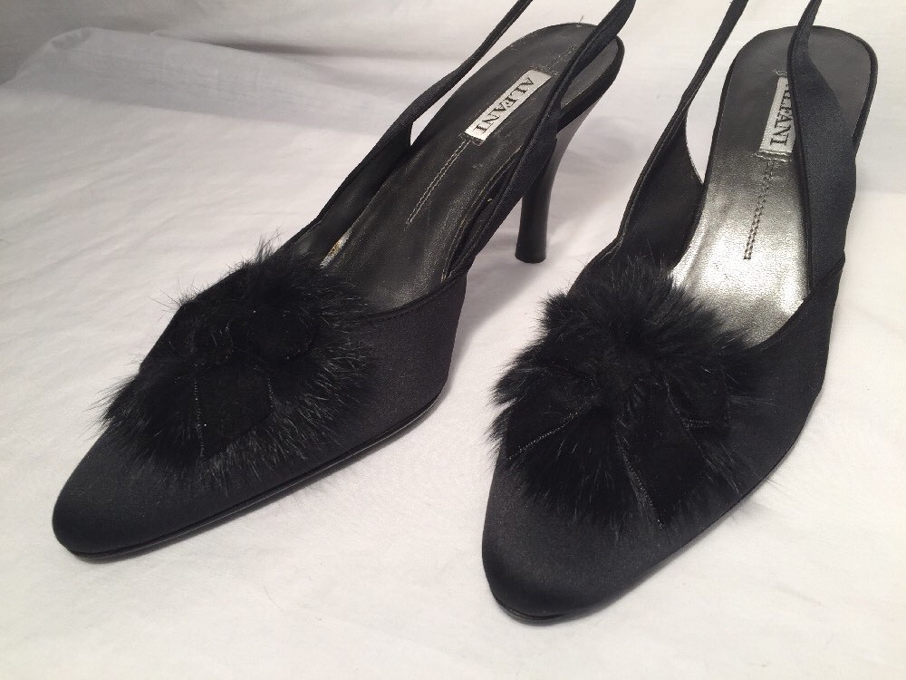 Alfani Satin Valentine Pointed Toe SlingBack Boudoir Pumps 8.5 Bow Fur Pin Up