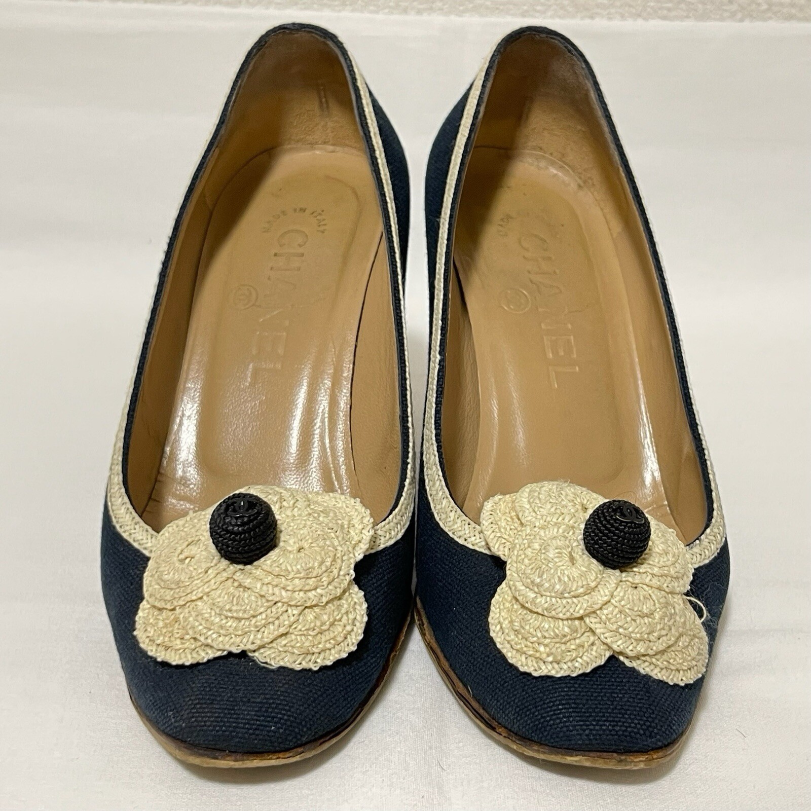 Chanel Camellia Heel Sandals Shoes Size 35 Navy Coco mark Pumps Auth Elegant CC