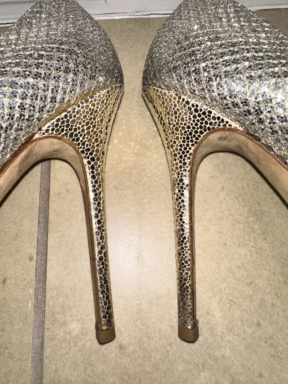 JIMMY CHOO SILVER GOLD SPARKLY PLATFORM Peep Toe HEELS 36.5
