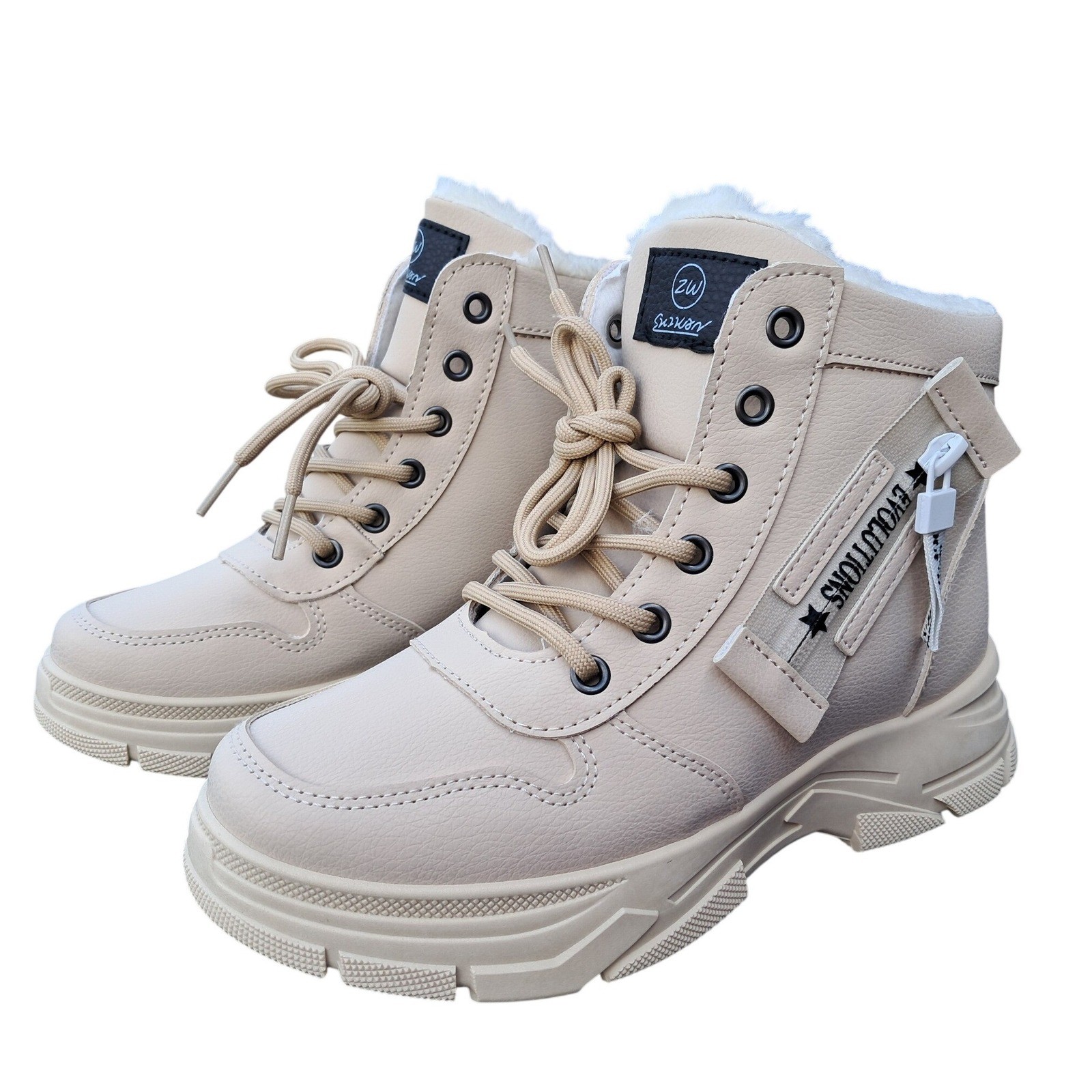 ZW Shuxian Beige Faux Fur Lined Chunky Lug Sole Combat Boots Womens Size 38 NEW