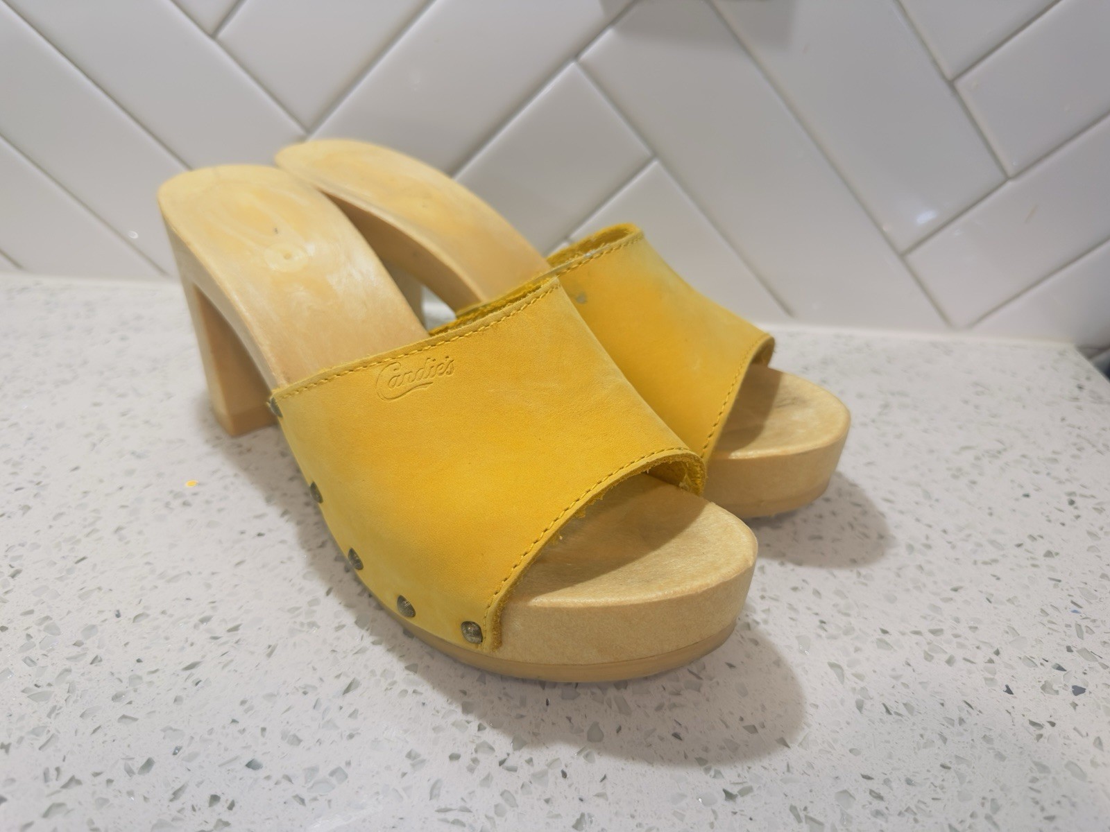 Vintage 1980s Candies Original Sandals High Heels Slides Yellow Golden 8 / 39