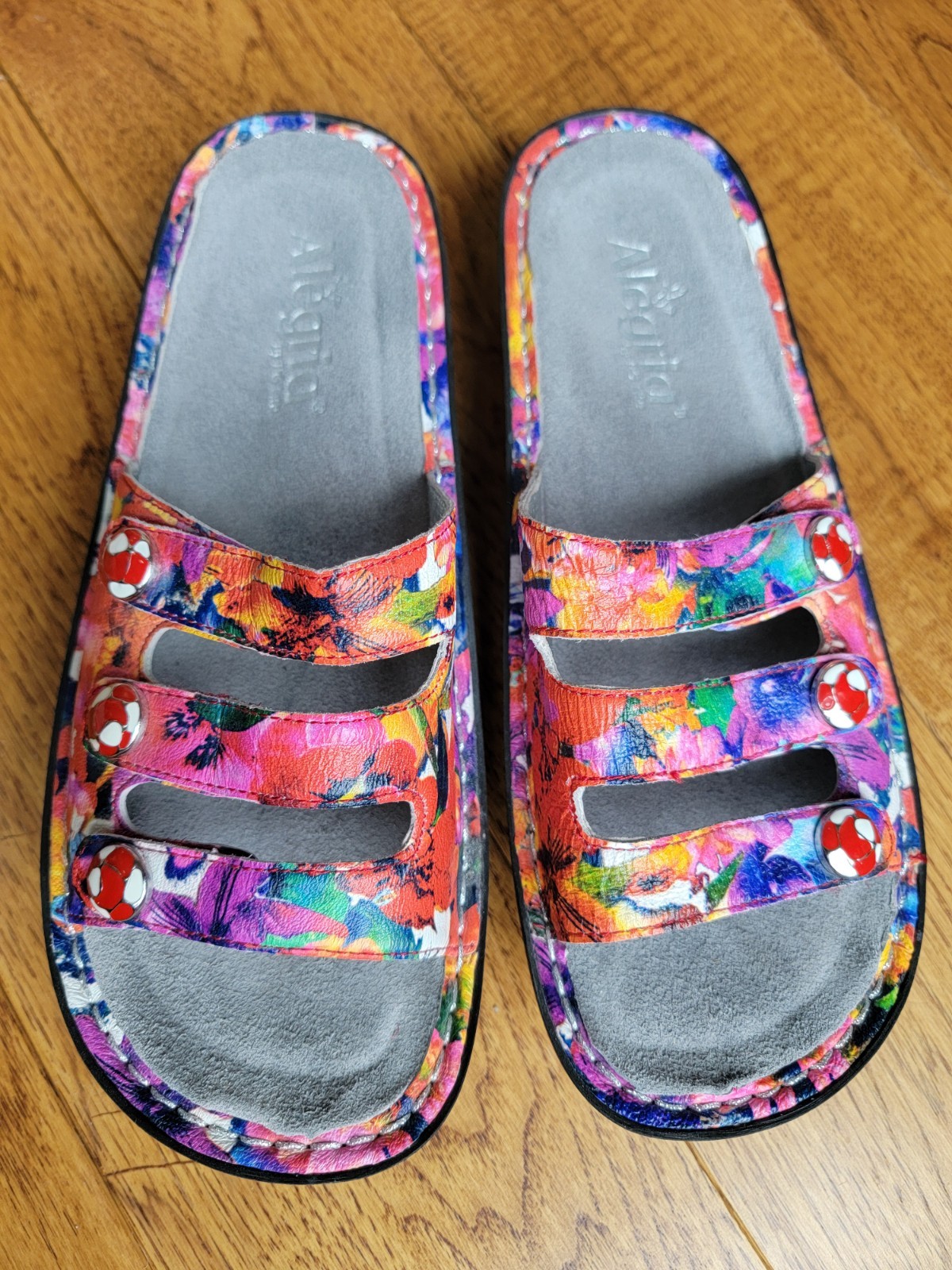 Alegria Fiona Sandals Women’s 39 US 9 Iris Floral Triple Strap Wedge Slip-On