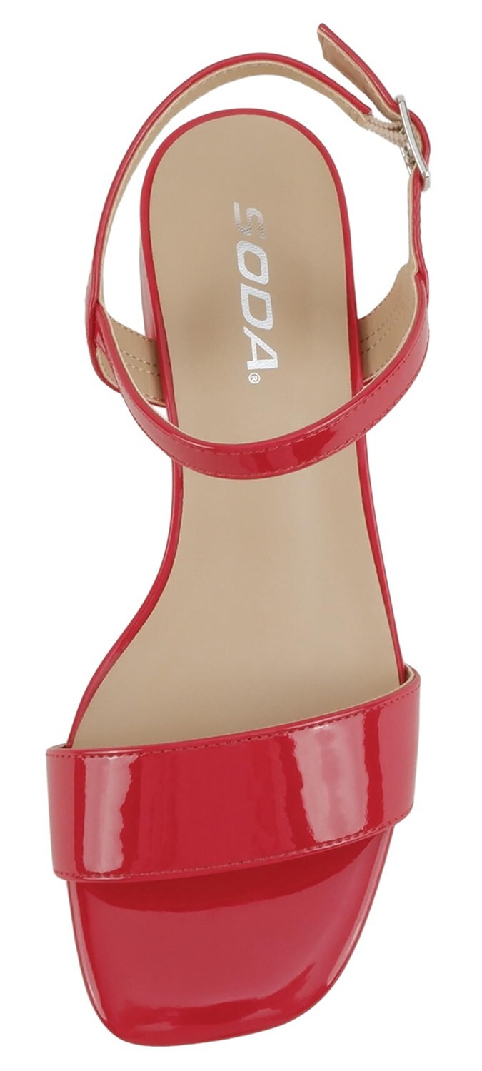 Soda Women Ankle Strap Sandals Low Block Heel Single Band EPISODE Lip Red Patent
