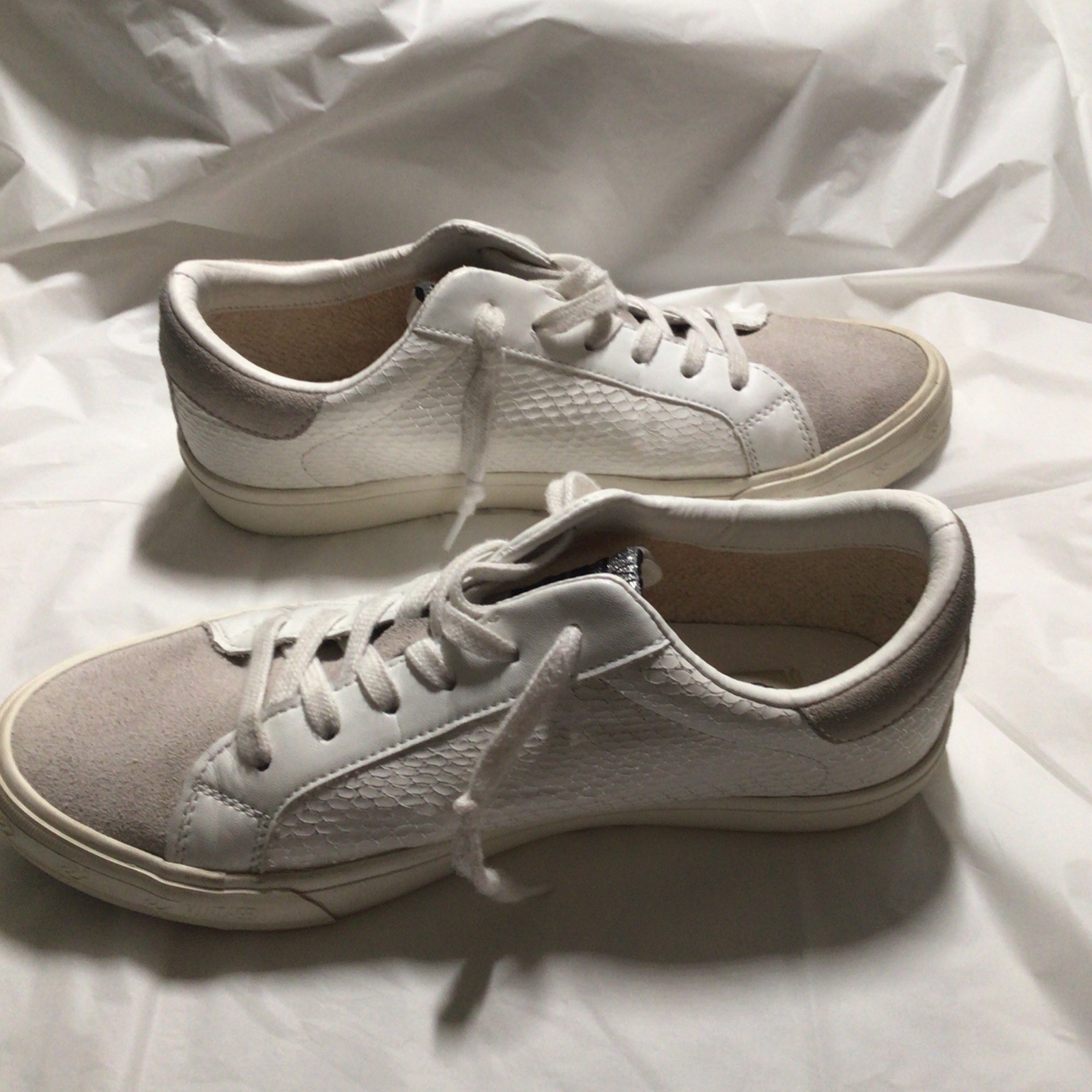 Womens Vintage Havana Silver Snake Sneaker with greige suede-like fabric size 10