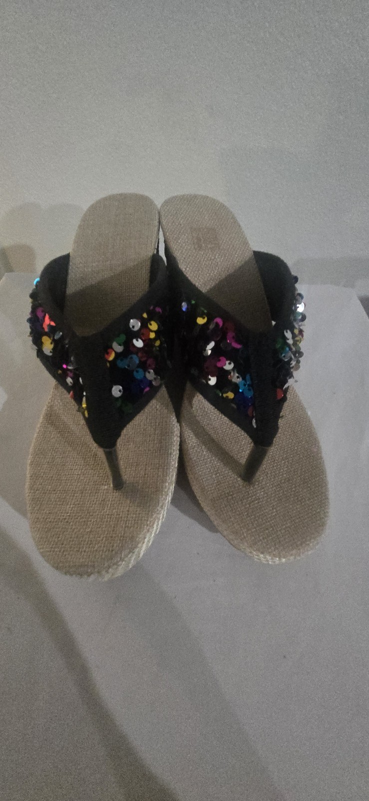 Beige Black Multicolor Sequin Thong Slip-On Wedge Sandals Women AU 11 EU 42