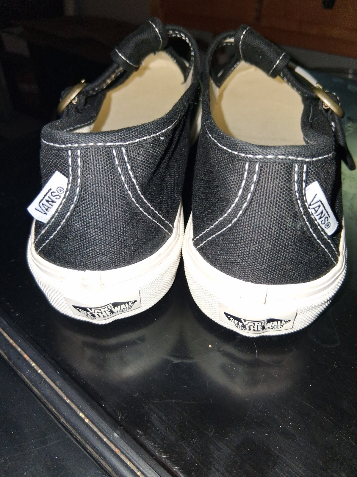 VANS Womens Mary Jane Canvas Buckle Strap Slip-On Shoes Black/White Size 9.5