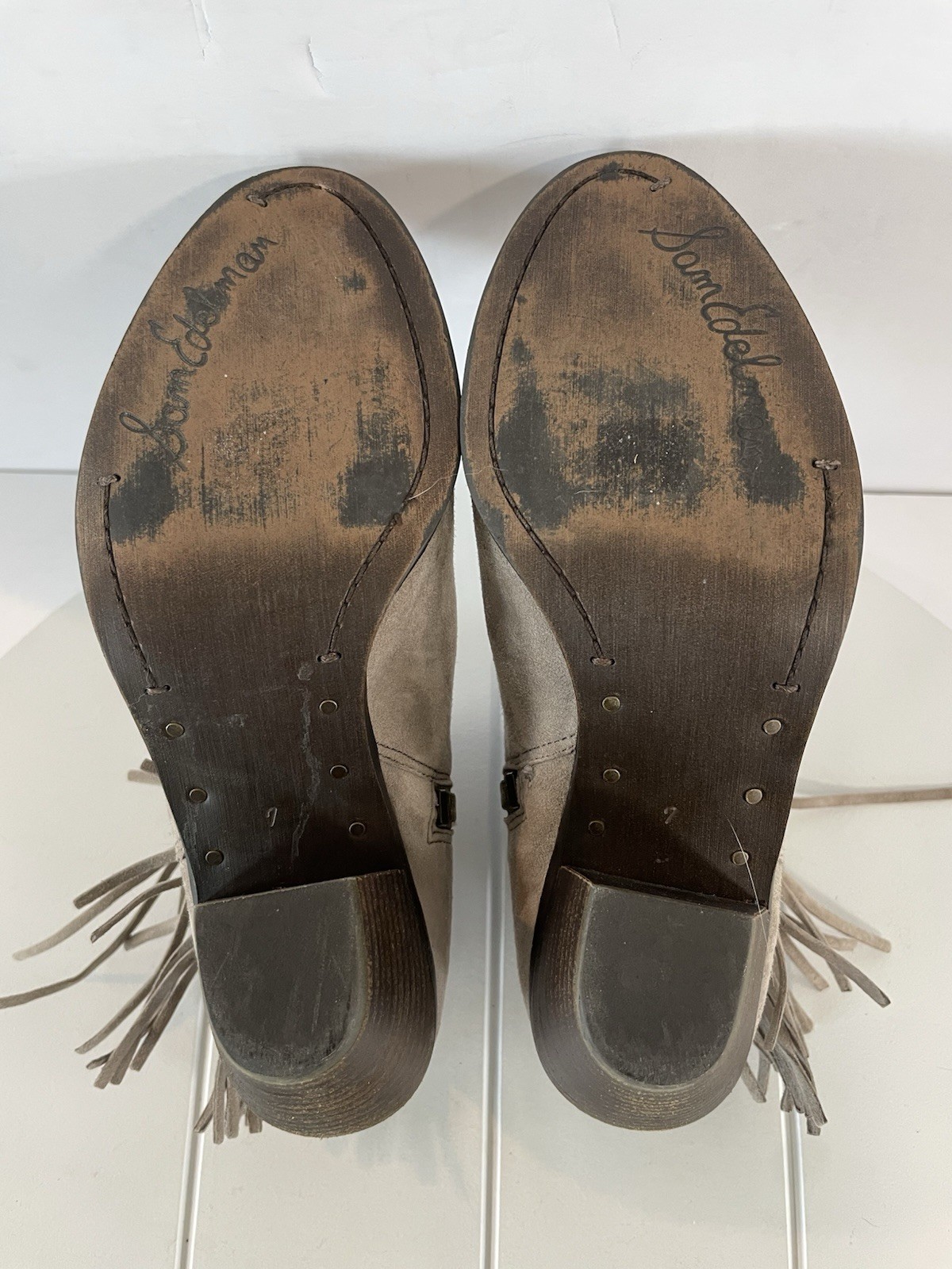 SAM EDELMAN Louie Gray Suede Fringe Ankle Boot Western Zip-up Cowgirl Womens 7 M