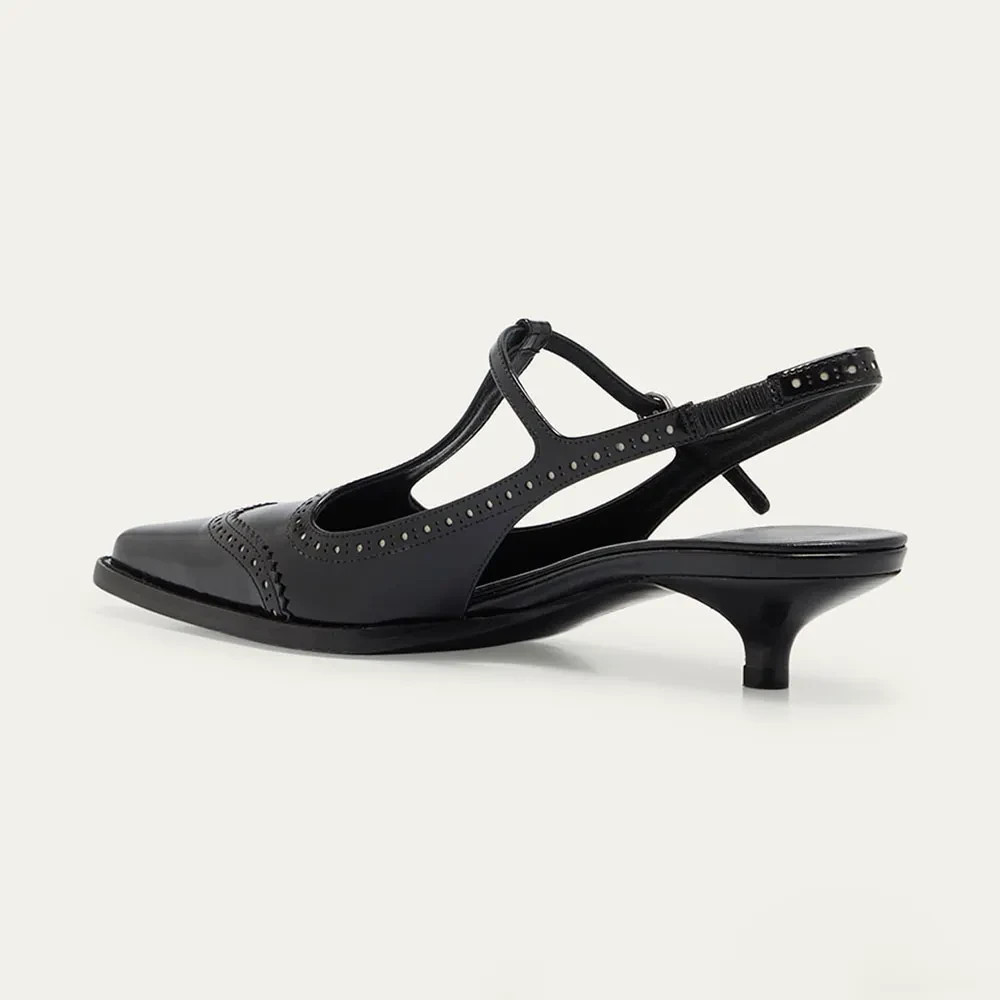 Pointed Toe Perforated T-Strap Mary Jane Slingback Pumps in Black FSJ202408088