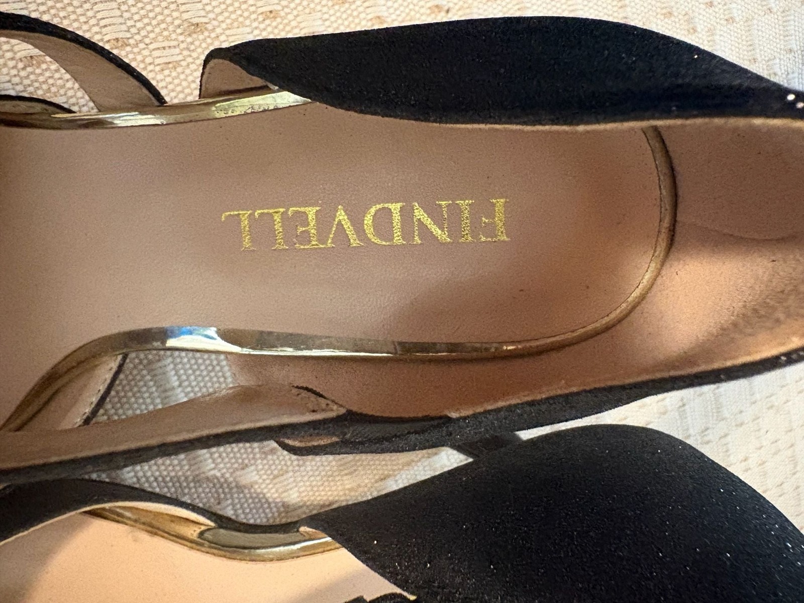 FINDVELL Black Shimmer Pumps with Decorative Zipper Strap Gold Accent Heels