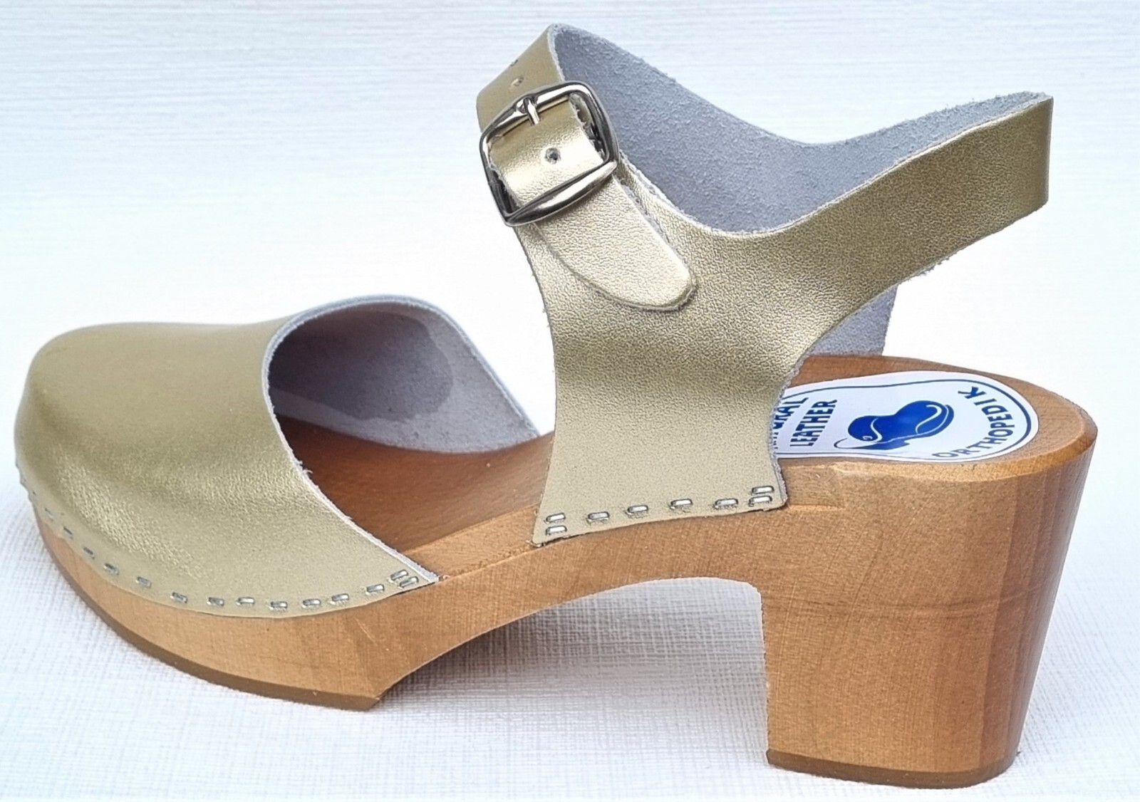 WOOD CLOGS wooden mules sandals size 38 *gold* real beef leather handmade