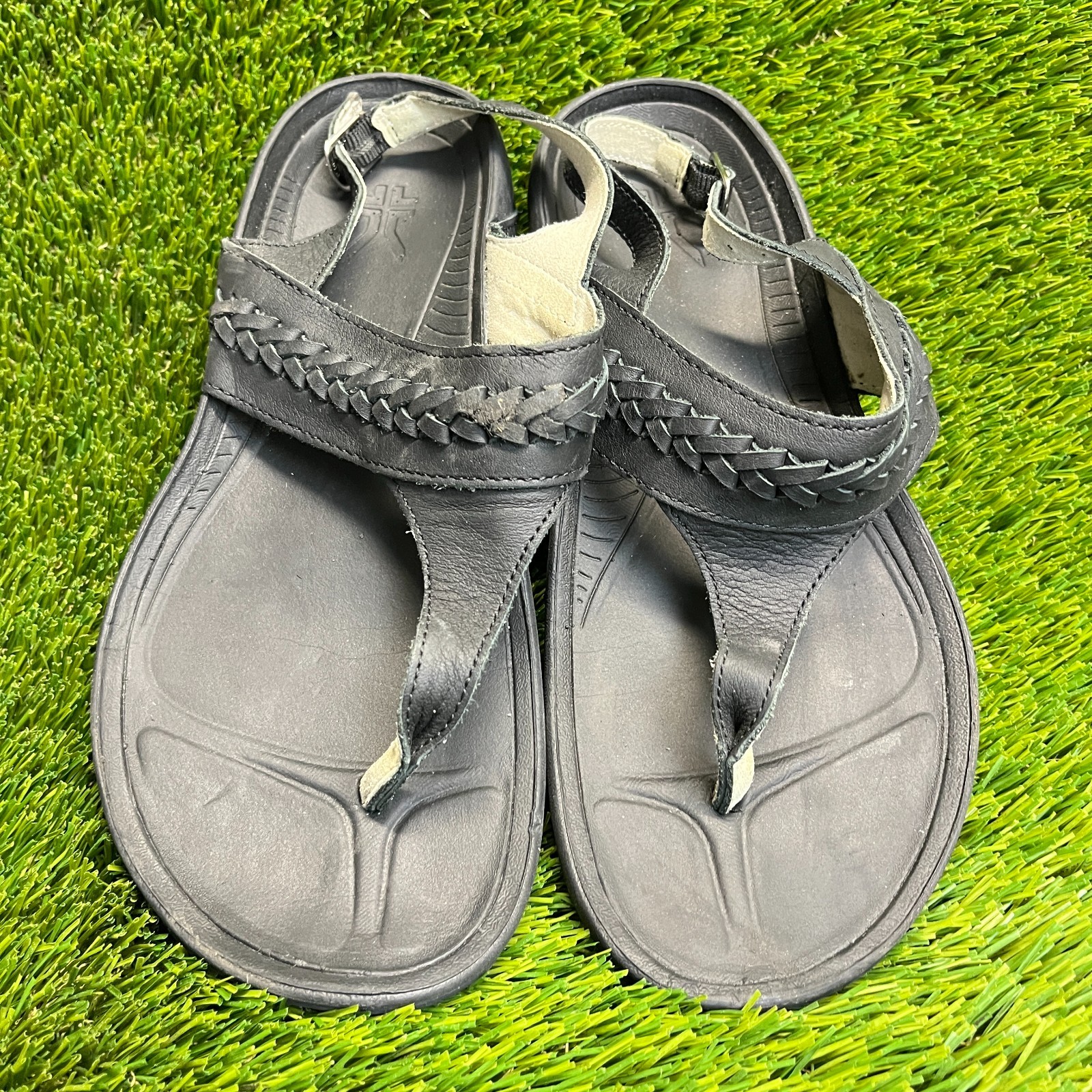 Kuru Letti Womens Size 9 Jet Black Beach Classic Outdoor Leather Thong Sandals