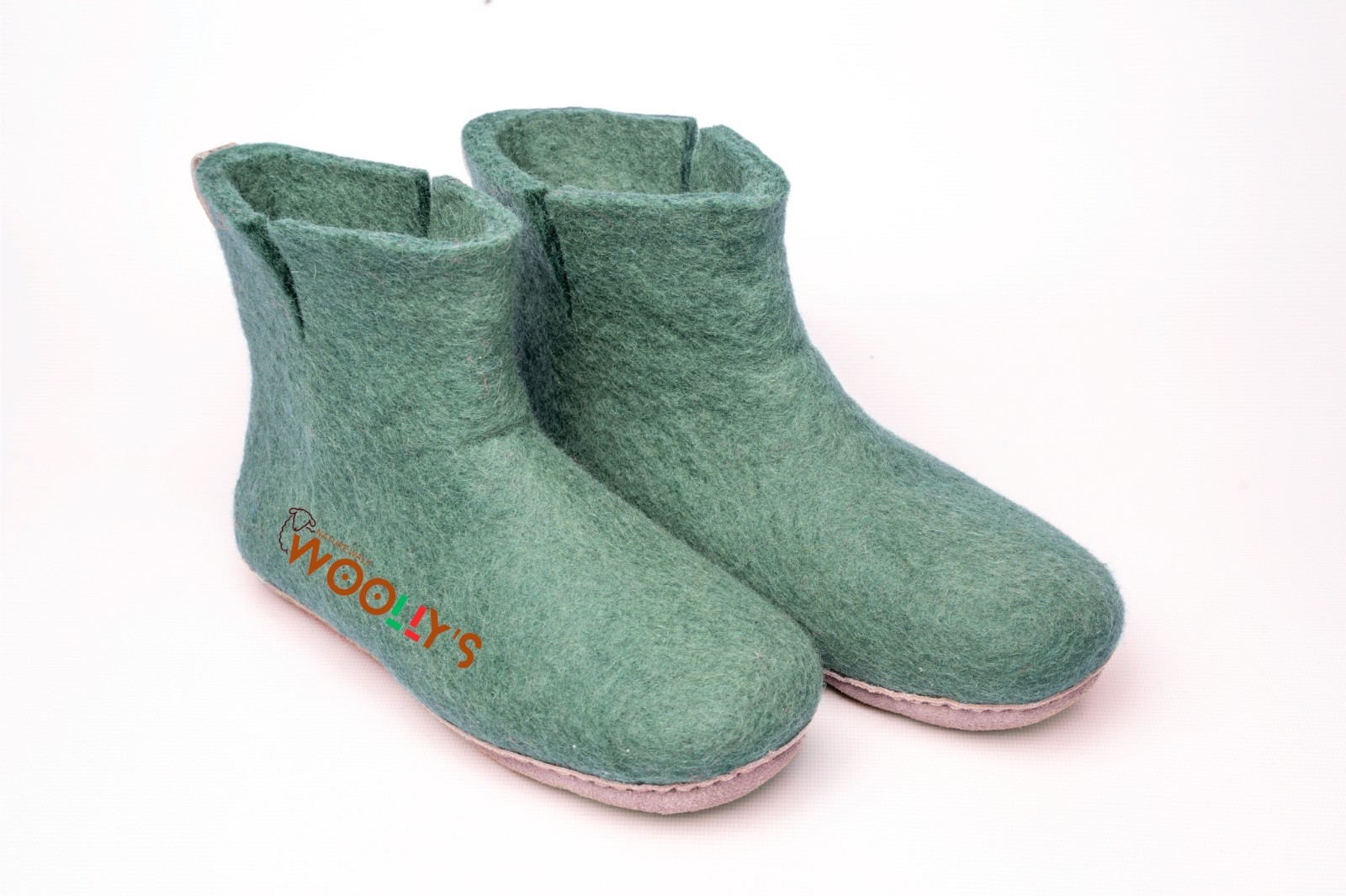 Woollyes Green Felted Boots –Handmade with Leather Sole, Perfect for Indoor Wear