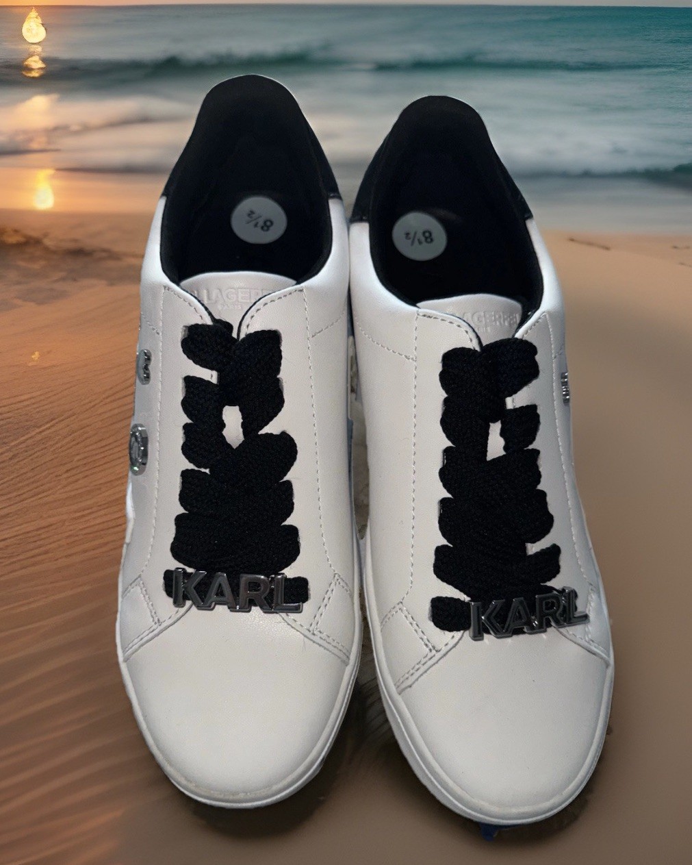 New Karl Lagerfeld Women White/Black Paris Maddish Logo Sneakers,Sz. 7; 8.5 M