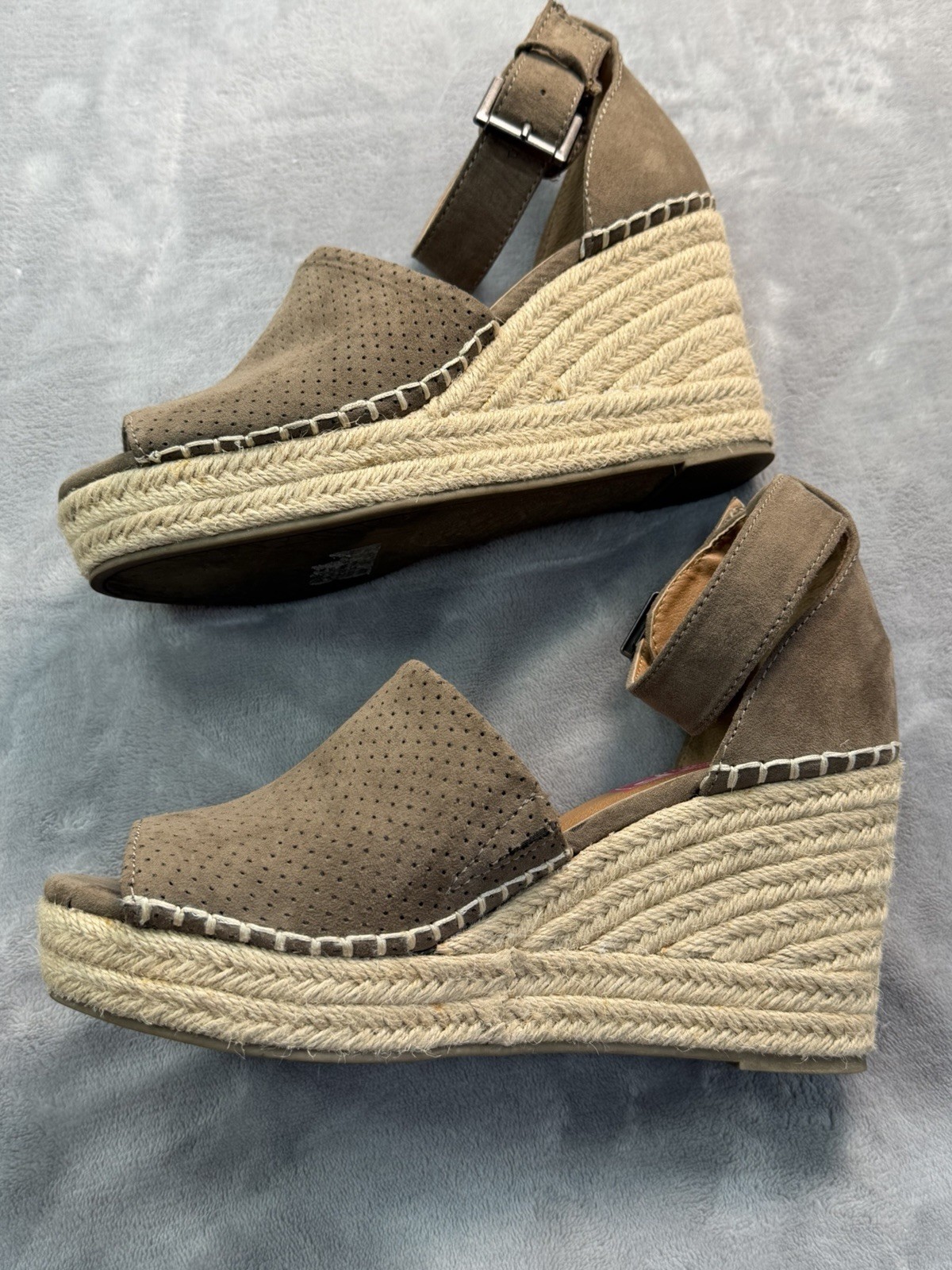 POP Women’s Taupe Suede Espadrille Wedge Sandals Perforated Ankle Strap