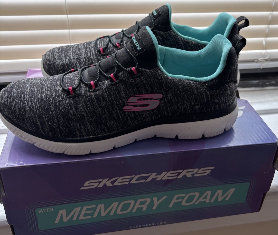 SKECHERS Memory Foam Sneakers Black Aqua Pink White Low Top Athletic 36.5