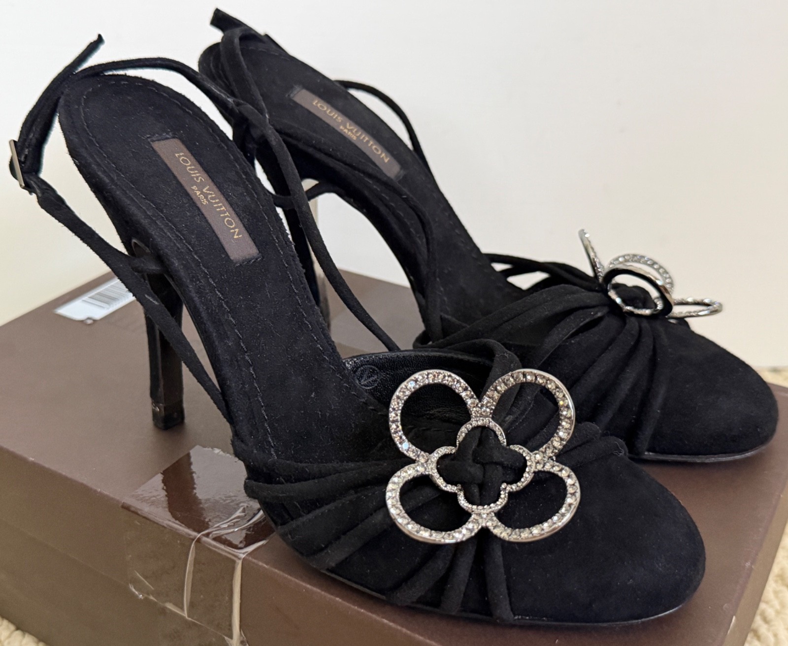 Louis Vuitton Monogram Flower Logo Crystal Black Suede Slingback Pumps 36 $1695