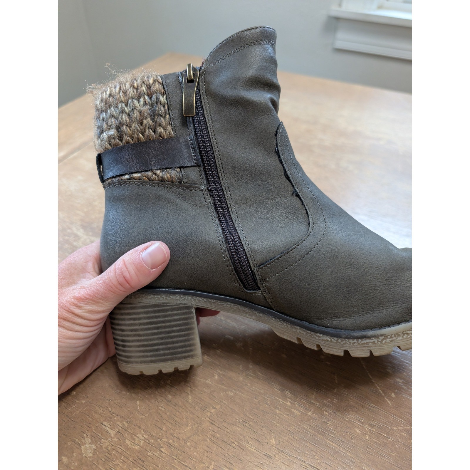 spring Step Womens Faux Leather Ankle Boots Knit Sweater Cuff Block Heel 39
