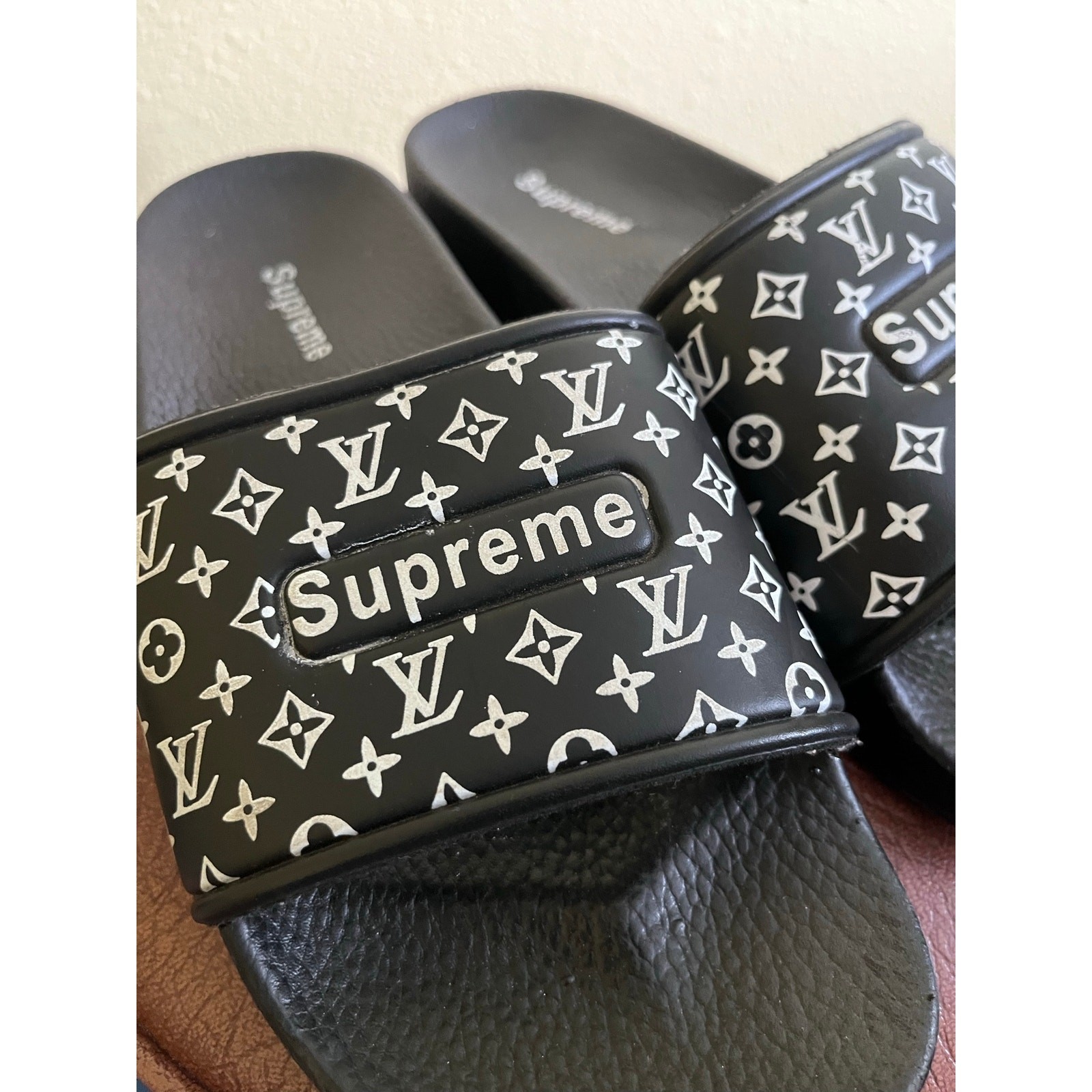 Louis Vuitton x Supreme Black Monogram Slides Sandals, Size 8/40