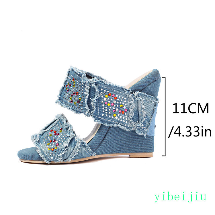 2026 Womens Denim Jeans Rhinestones Slippers High Wedge Heel Sandals Mules Shoes